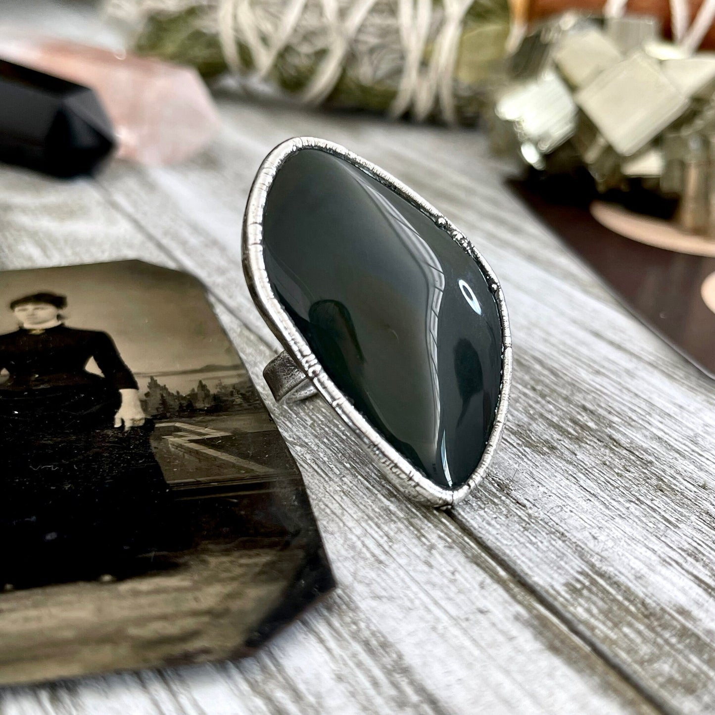 Size 8 Natural Grey - Rainbow Obsidian Ring in Fine Silver / Foxlark Collection - One of a Kind - Foxlark Crystal Jewelry