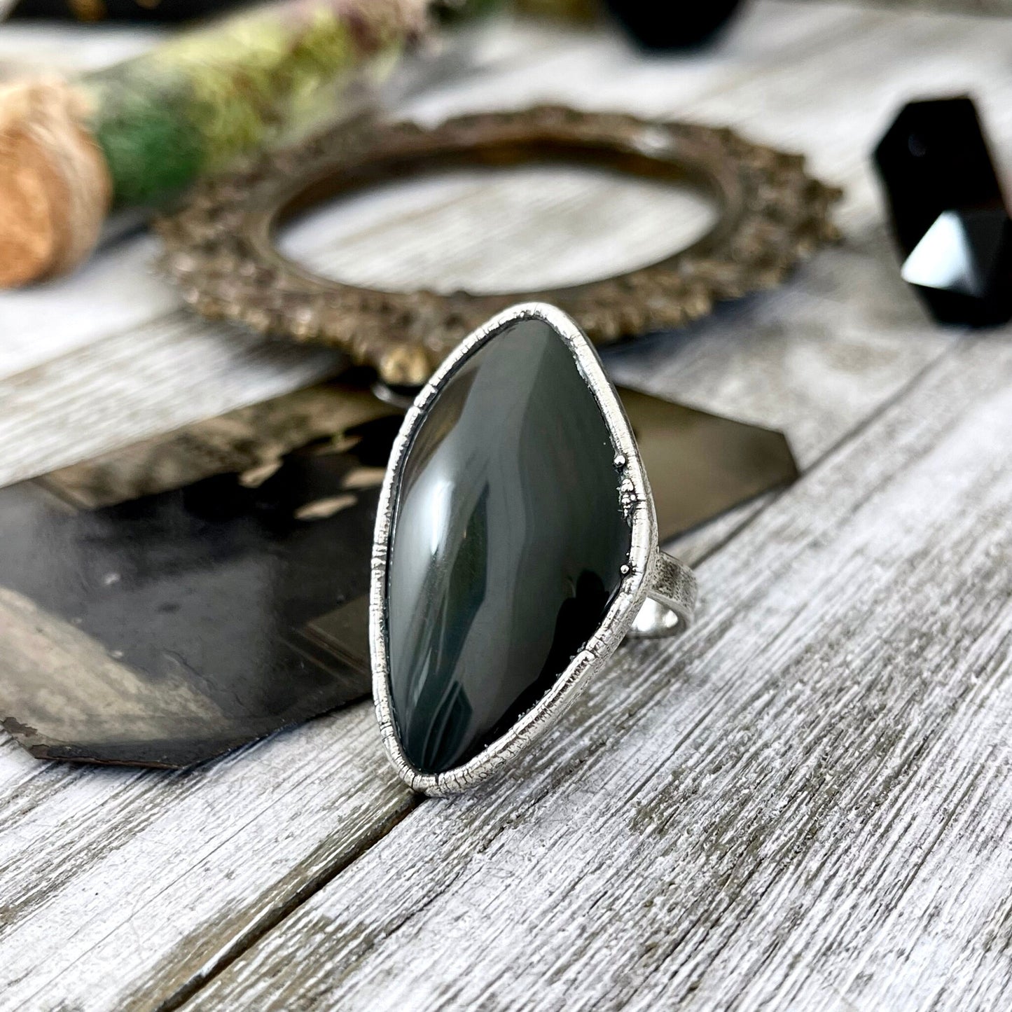 Size 8 Natural Grey - Rainbow Obsidian Ring in Fine Silver / Foxlark Collection - One of a Kind - Foxlark Crystal Jewelry