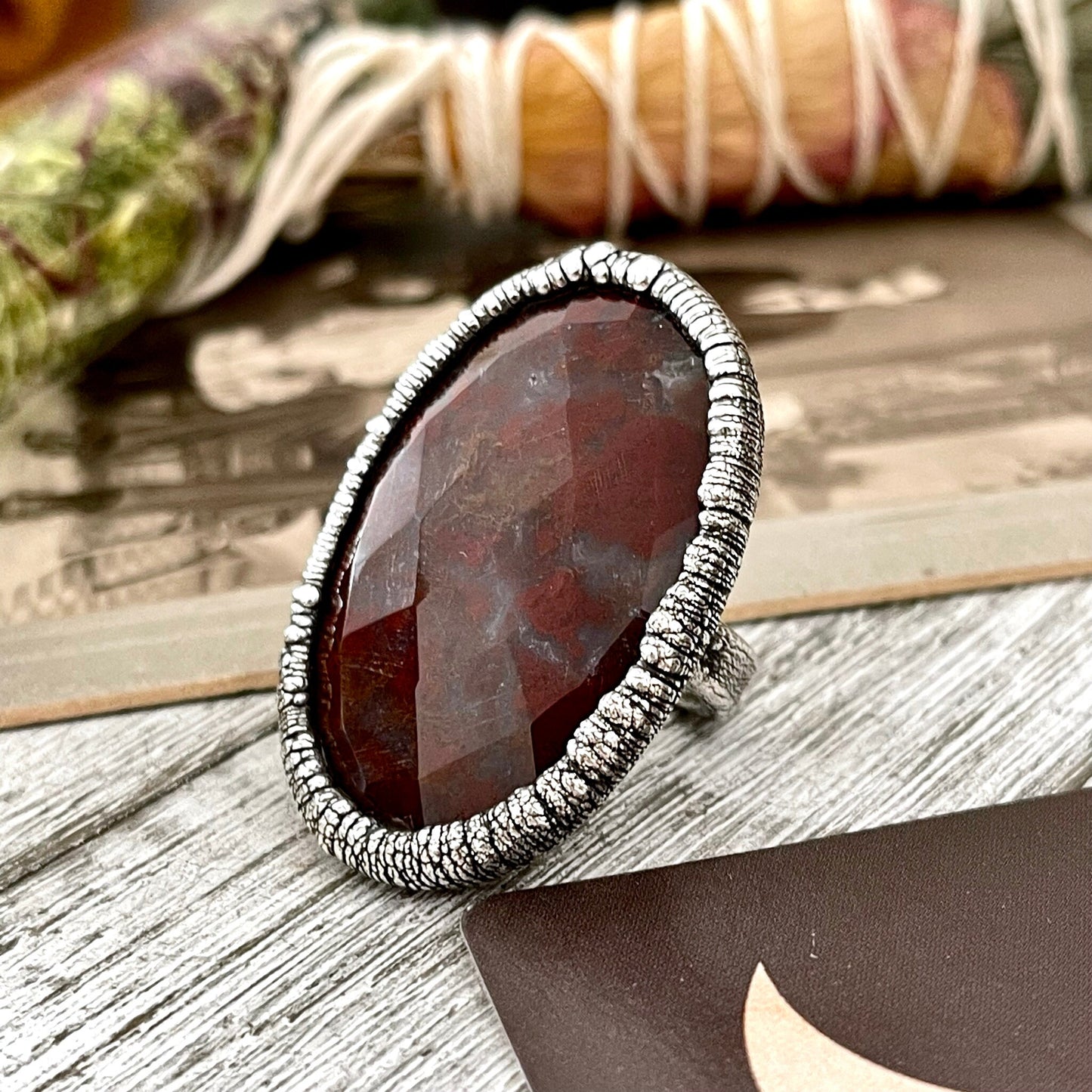 Size 7 Silver Natural Fancy Moss Agate Crystal Statement Ring / Foxlark Collection - One of a Kind - Foxlark Crystal Jewelry