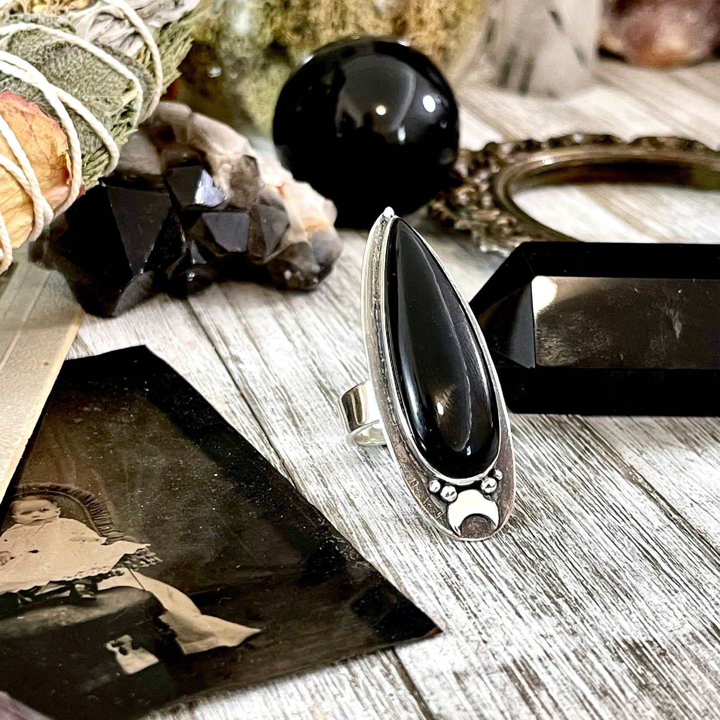 Black Onyx Ring in Sterling Silver, Magic Moon Ring/ Designed by FOXLARK Collection Adjustable to Size 6 7 8 9 10