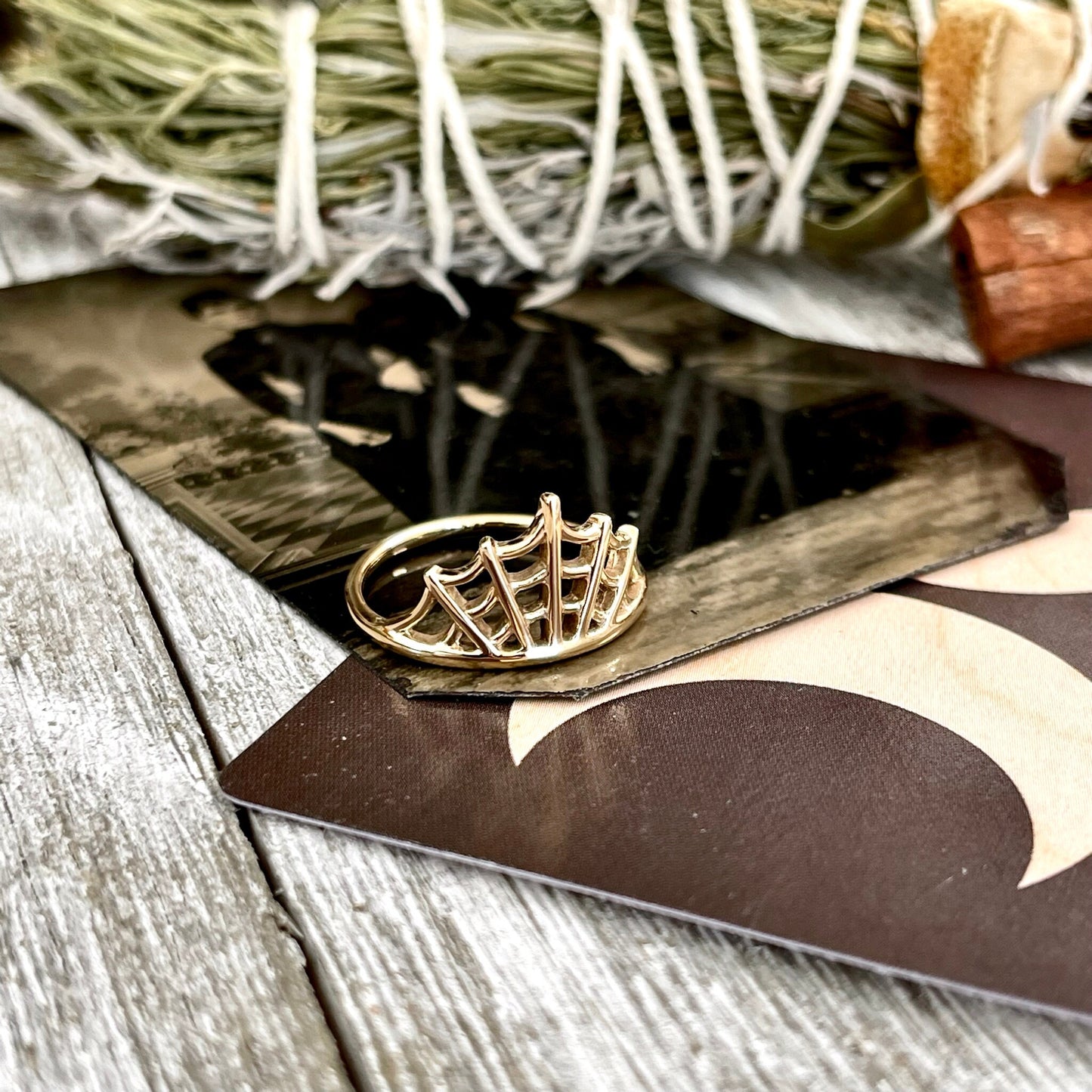 Spider Web Ring in Brass / Size 7 8 9 - Foxlark Crystal Jewelry