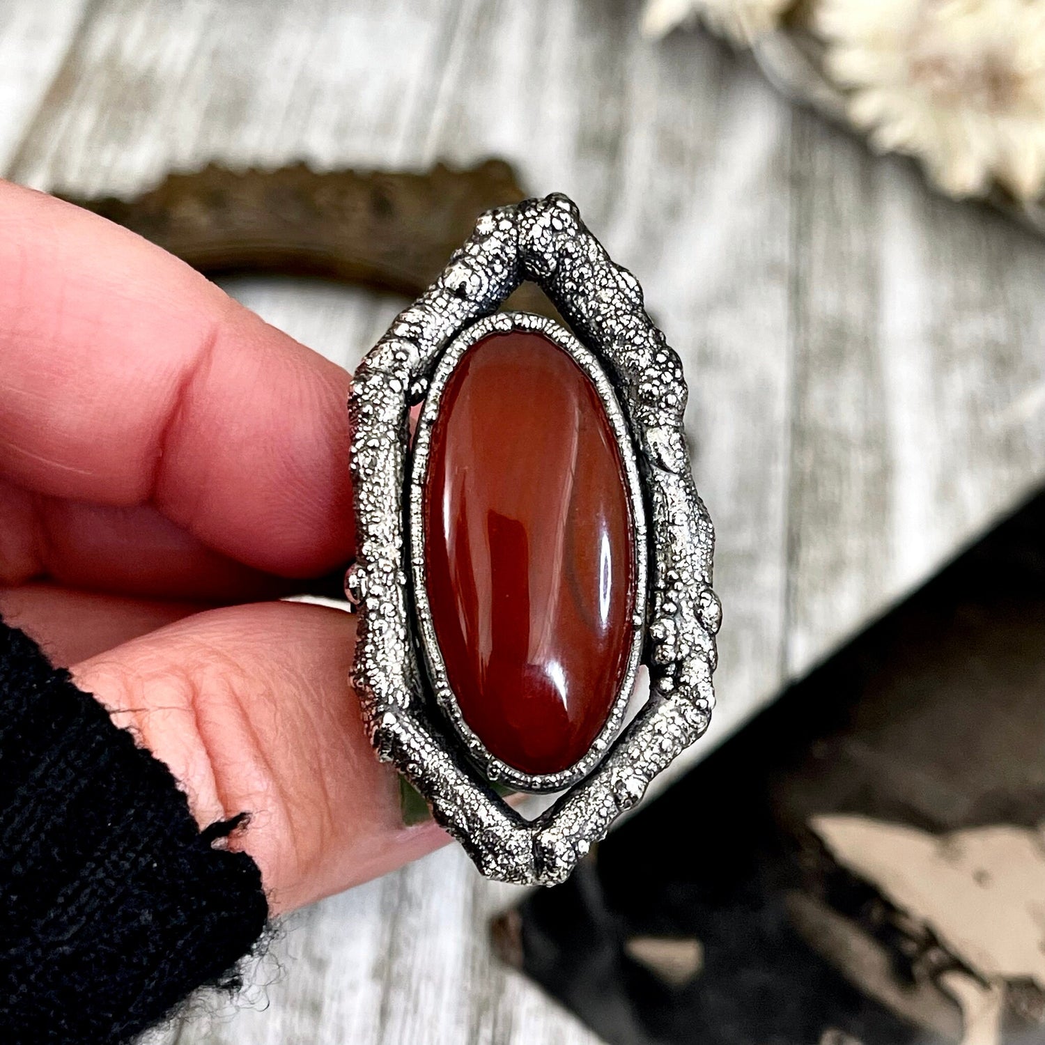 Sticks and Stones Collection- Size 8 .5 Red Carnelian Statement Ring in Fine Silver // Big Punk Goth Witchy Crystal Ring Gemstone Jewelry