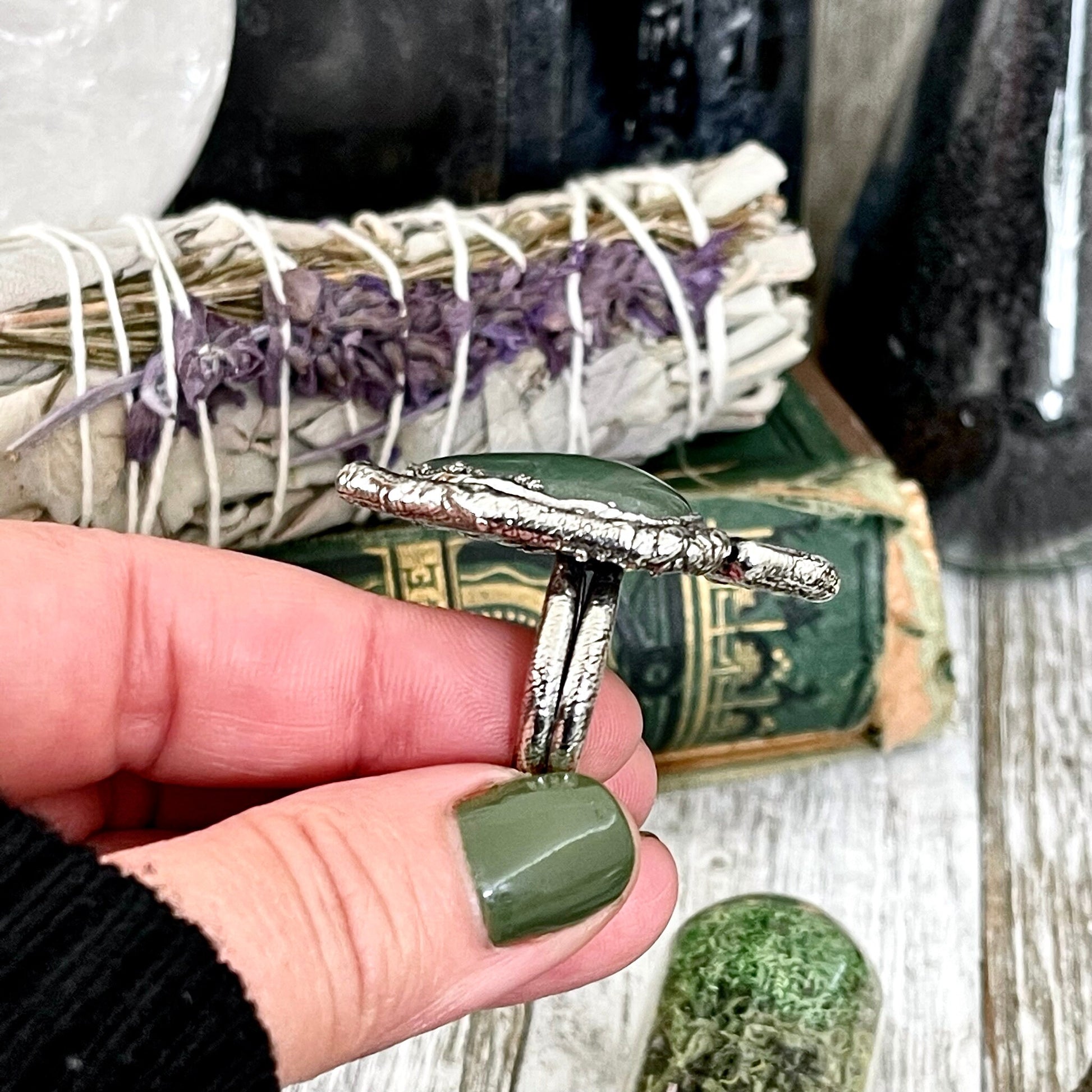 Sticks and Stones Collection- Size 9 Green Aventurine Sea Glass Statement Ring in Fine Silver // Punk Ring Goth Witchy Gemstone Jewelry