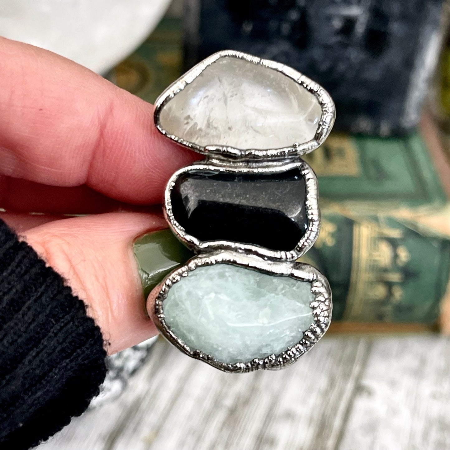 Size 6 Crystal Ring - Three Stone Ring Black Onyx Clear Quartz Aquamarine Silver Ring / Foxlark Collection - One of a Kind / Crystal Jewelry