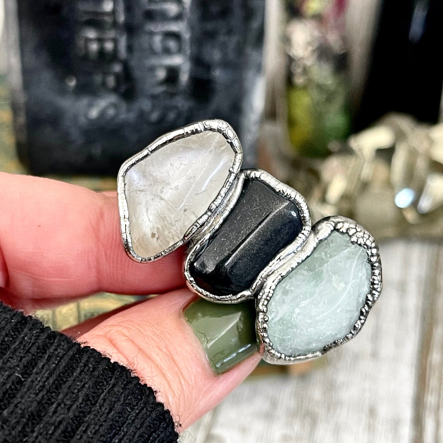 Size 6 Crystal Ring - Three Stone Ring Black Onyx Clear Quartz Aquamarine Silver Ring / Foxlark Collection - One of a Kind / Crystal Jewelry