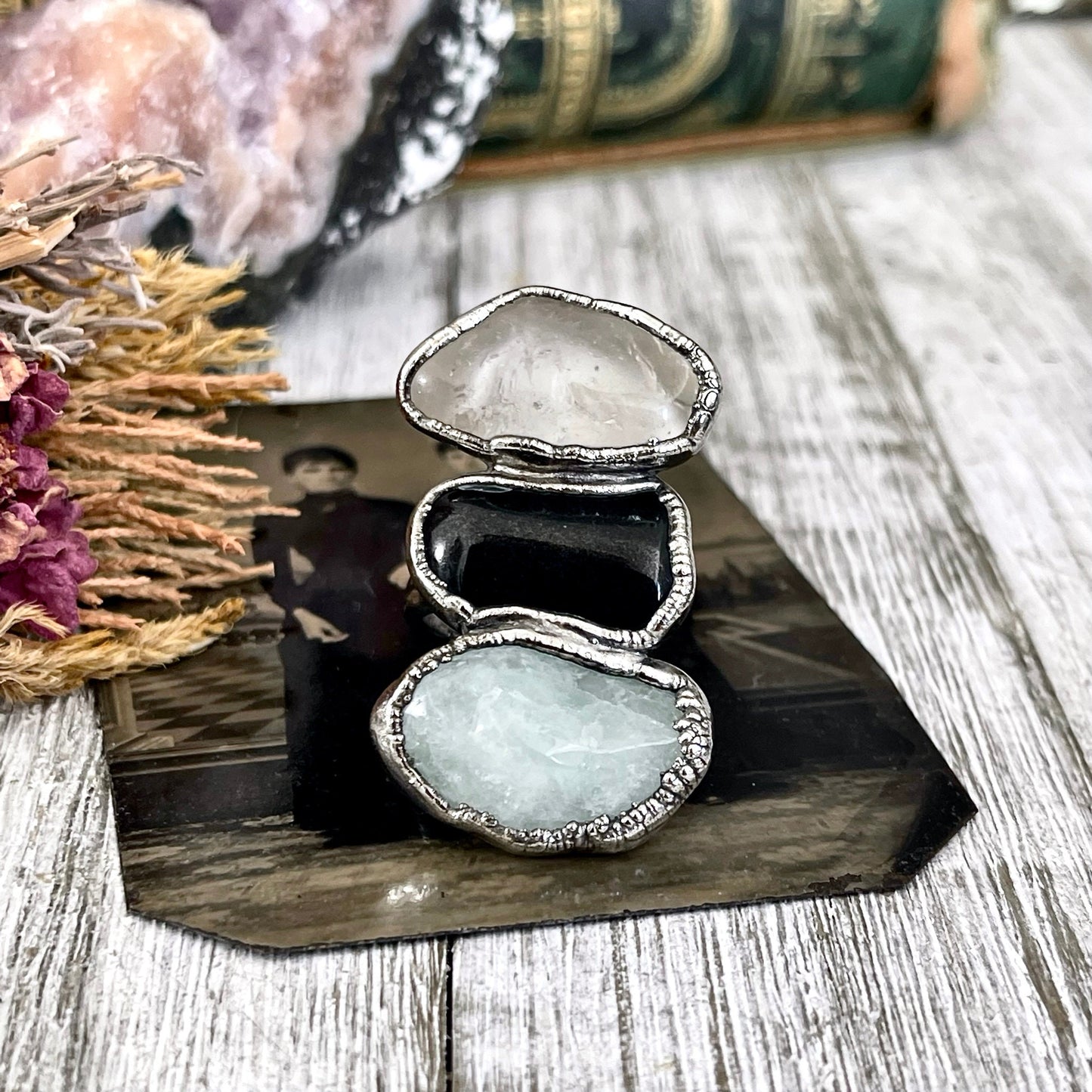 Size 6 Crystal Ring - Three Stone Ring Black Onyx Clear Quartz Aquamarine Silver Ring / Foxlark Collection - One of a Kind / Crystal Jewelry