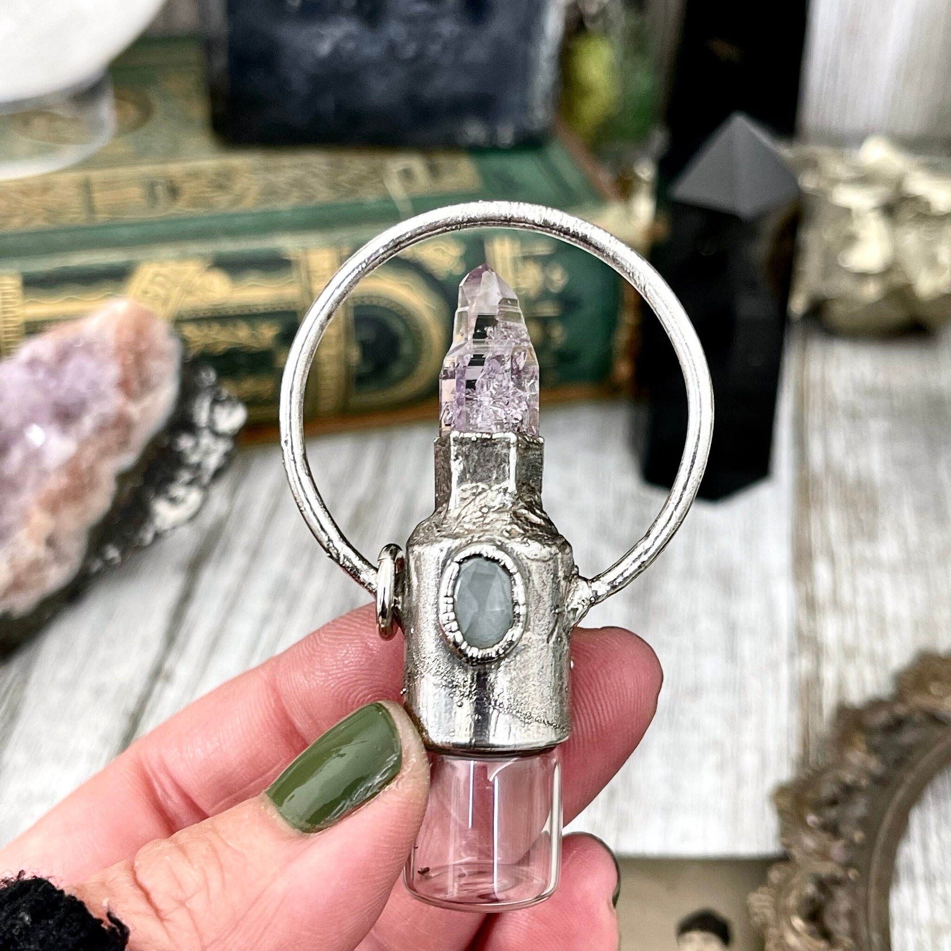 Raw Vera Cruz Amethyst and Aquamarine Crystal Necklace / Silver Crystal Rollerball Necklace / Foxlark - One of a Kind / Gothic Jewelry