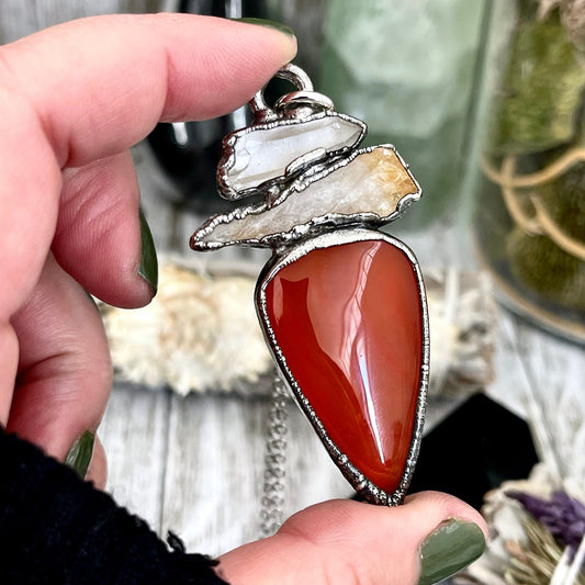 Three Stone Clear Quartz Yellow Citrine Red Carnelian Necklace in Fine Silver / Foxlark Collection - One of a Kind Jewelry // Boho Pendent