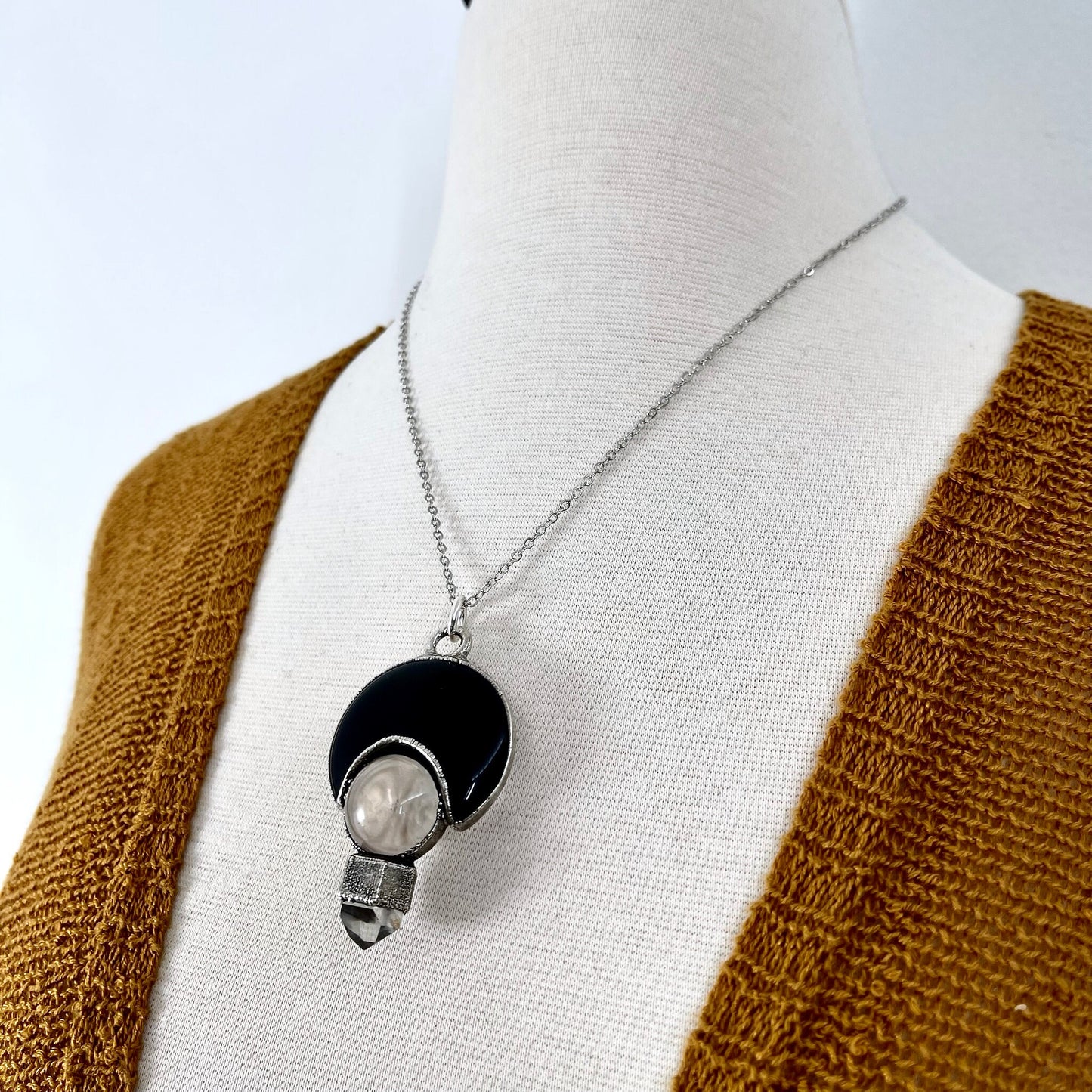 Three Stone Clear Quartz Garden Quartz Black Onyx Necklace in Fine Silver / Foxlark Collection - One of a Kind Jewelry // Witchy Pendent
