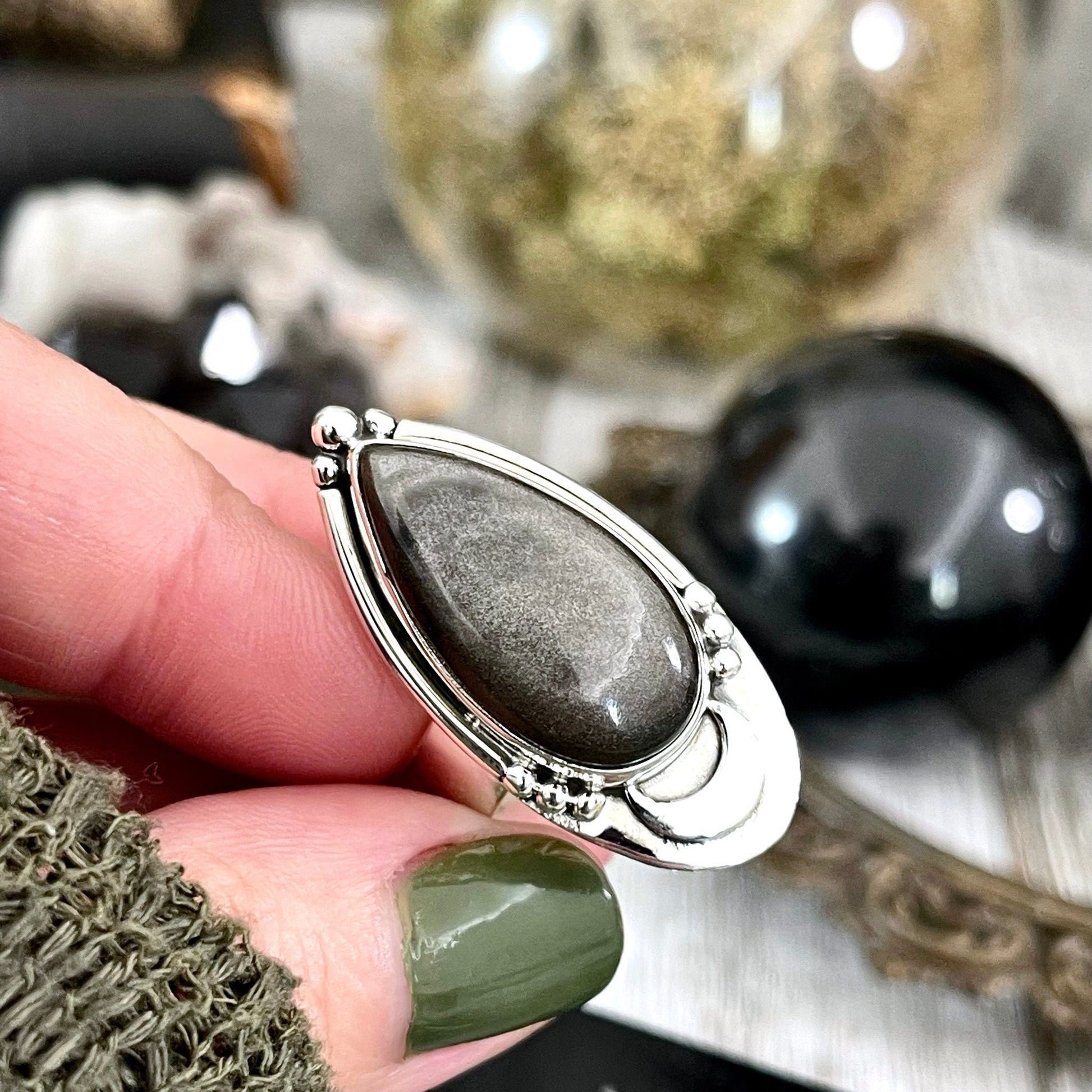 Midnight Moon Silver Sheen Obsidian Teardrop Crystal Ring in Sterling Silver- Designed by FOXLARK Collection Adjustable to Size 6 7 8 9