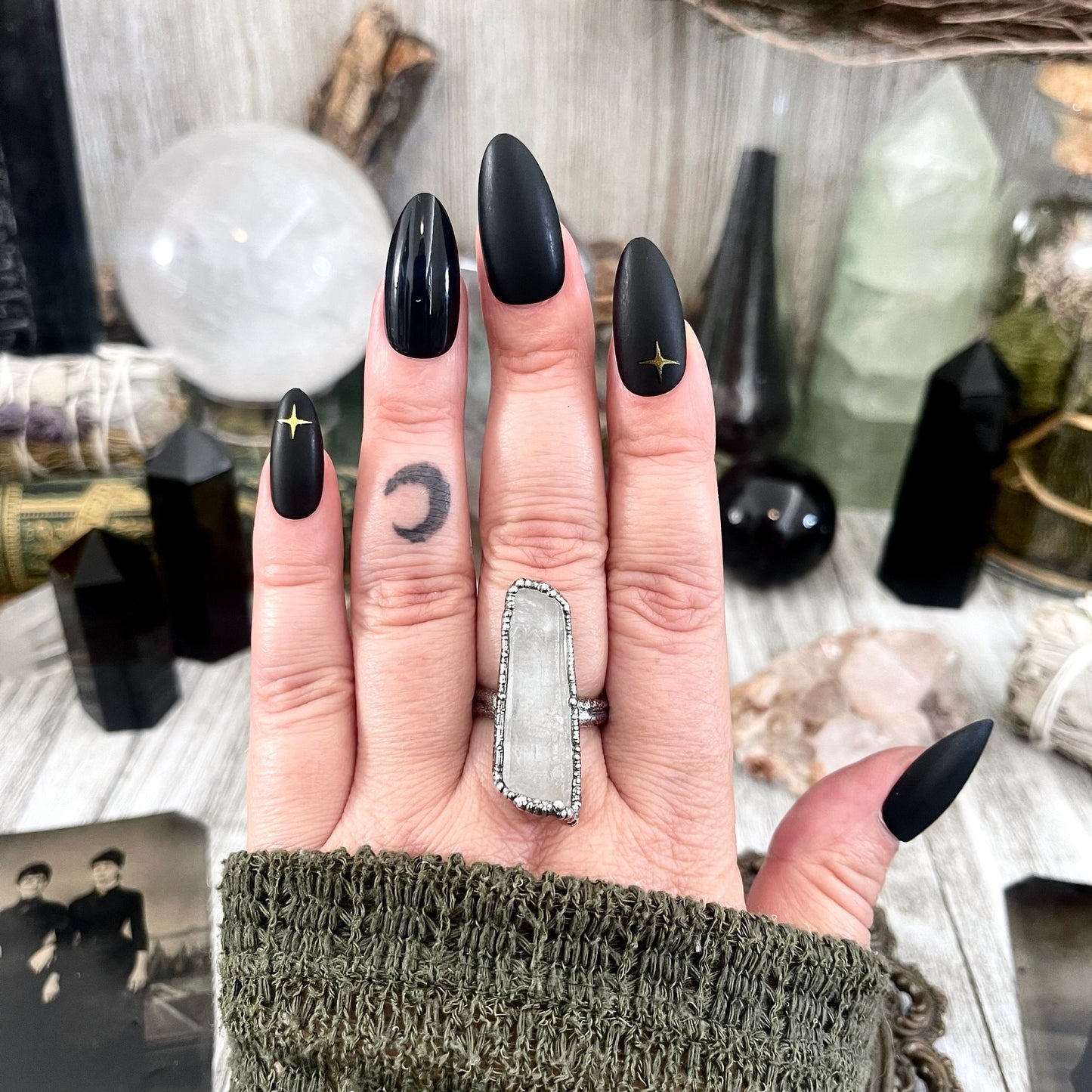 Raw clear quartz crystal point ring set in fine silver by FOXLARK, size 5-9, featuring one-of-a-kind crystal designs.