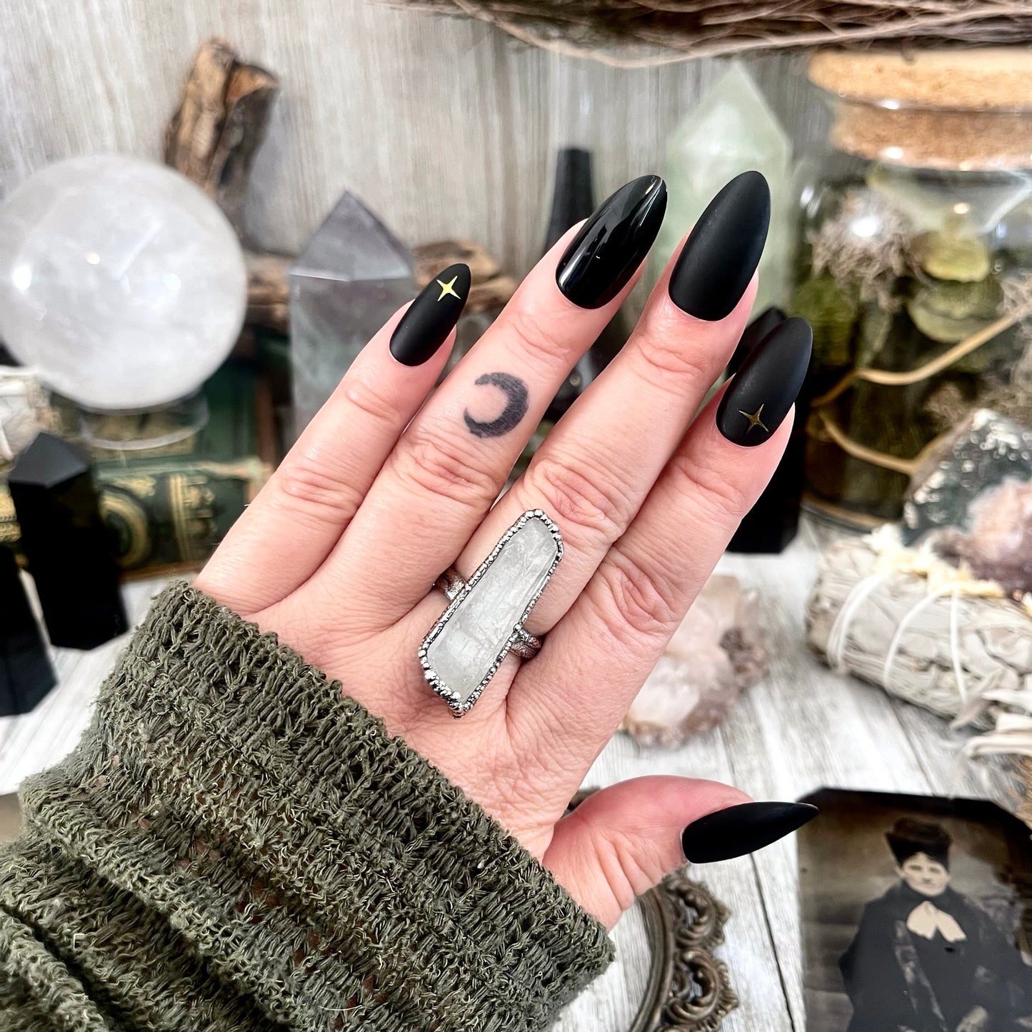 Set of raw clear quartz crystal point rings in fine silver, available in sizes 5 to 9, from FOXLARK's one-of-a-kind ring collection.