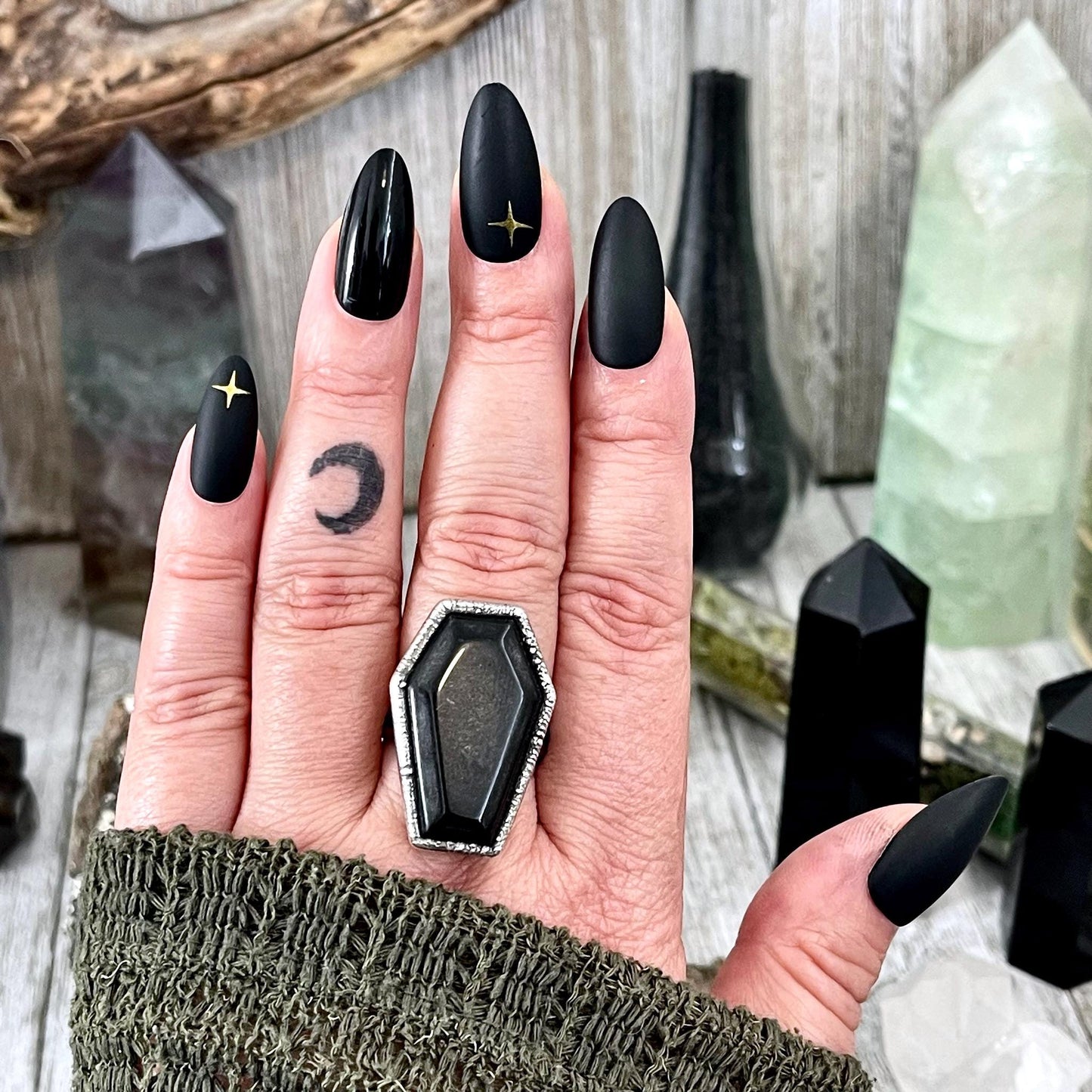 Black Onyx coffin-shaped ring in sizes 6-11 from FOXLARK collection, featuring a sleek black gemstone and detailed band design.
