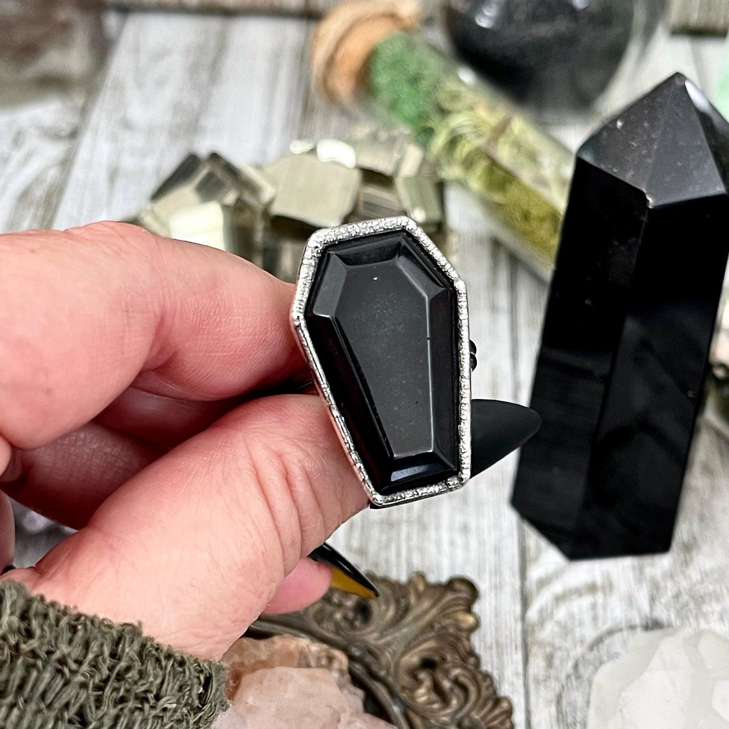 Black Onyx coffin ring by FOXLARK, available in sizes 6 to 11, featuring a sleek, dark gemstone design in a stylish coffin shape.