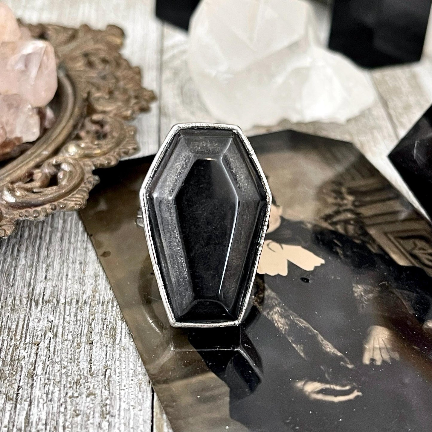 Black Onyx coffin ring by FOXLARK, available in sizes 6 to 11, featuring a sleek, dark gemstone design with a modern coffin shape.