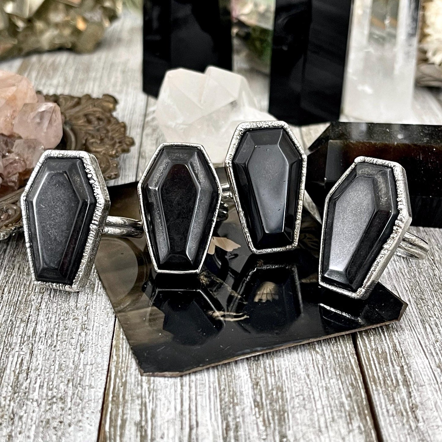 Black Onyx coffin-shaped ring by FOXLARK, available in sizes 6-11, featuring a sleek black gemstone design.