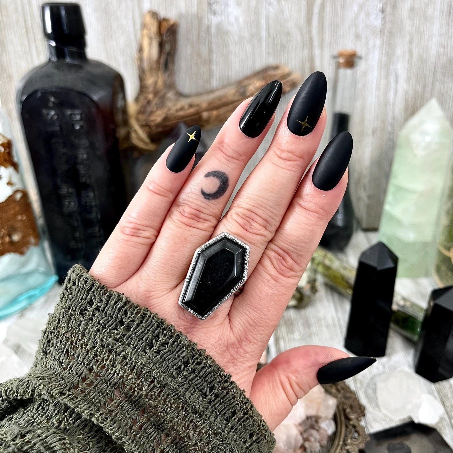 Black Onyx coffin-shaped ring by FOXLARK, available in sizes 6-11, featuring a sleek and bold design from the FOXLARK collection.