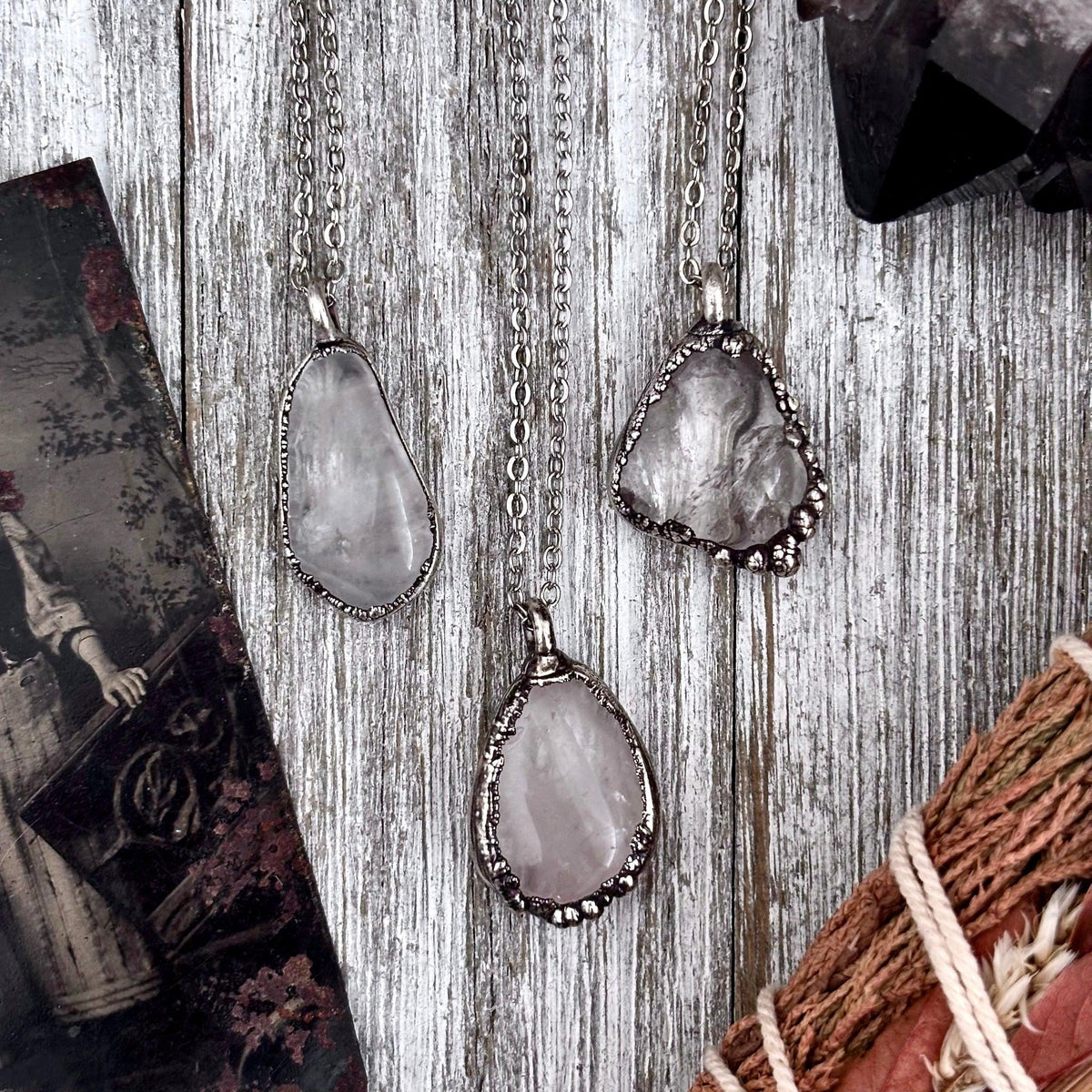Dainty pebble necklace from FOXLARK in aquamarine, clear quartz, or black onyx with silver setting, part of FOXLARK collection.