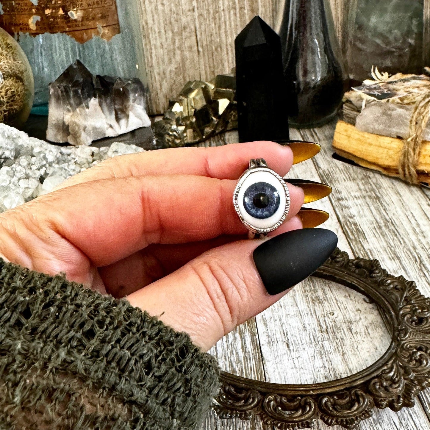 Blue Iris Glass Eye Ring Silver Size 6 7 8 9 10 / Foxlark Collection