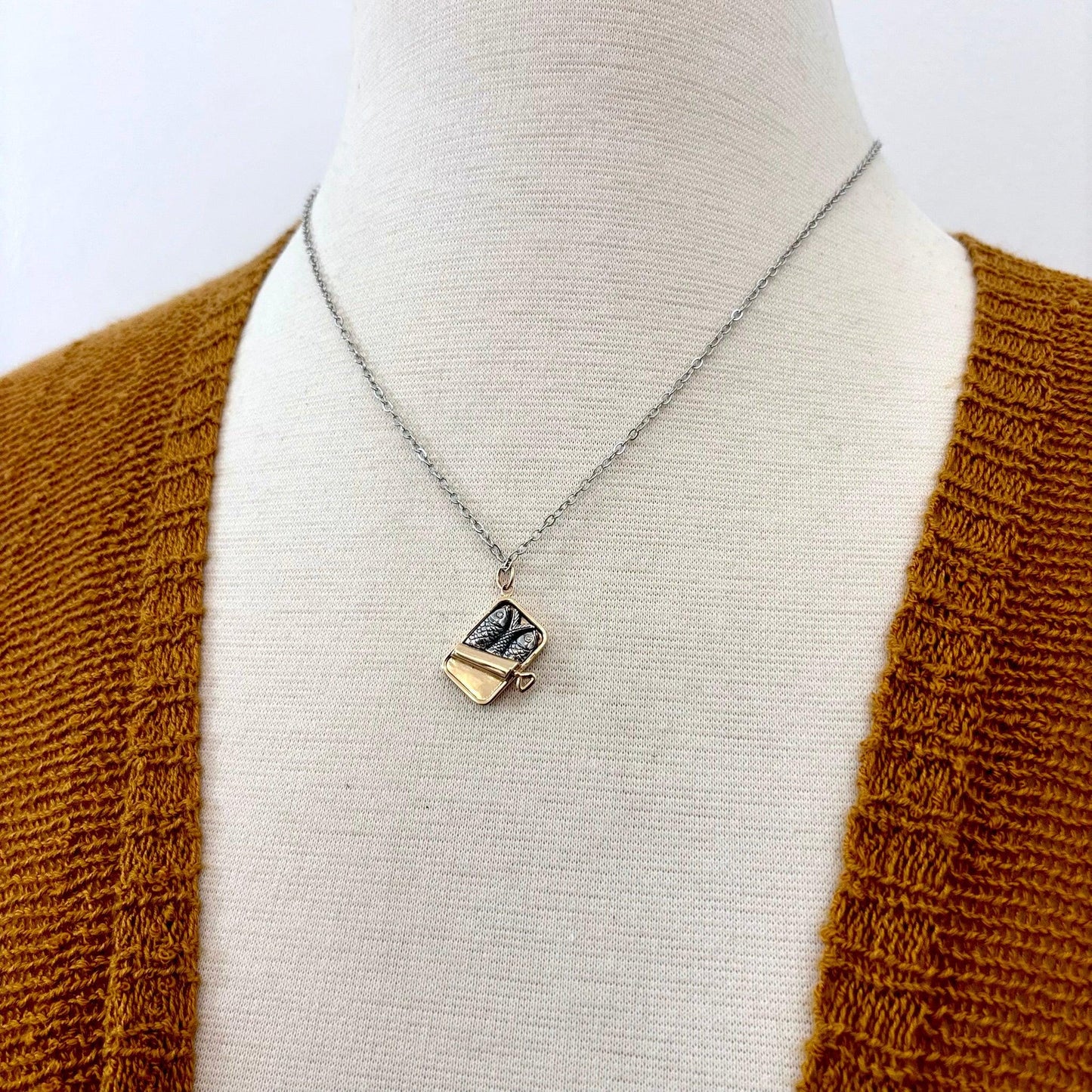 Tiny Talisman Collection - Sterling Silver Bronze Sardine Can Necklace Pendant