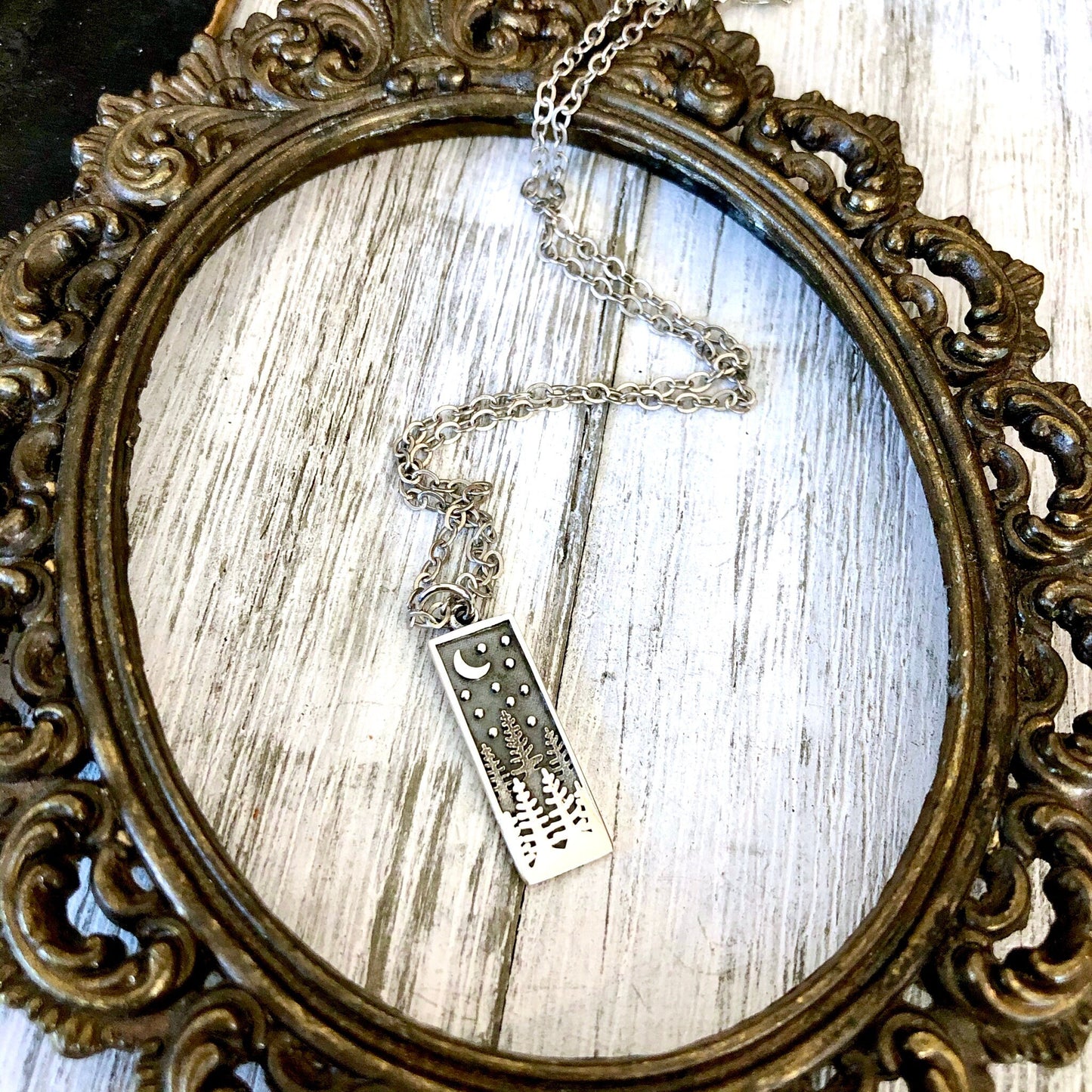 Tiny Talisman Collection - Sterling Silver Rectangle Pine Tree with Moon Necklace Pendant 23x8mm /.