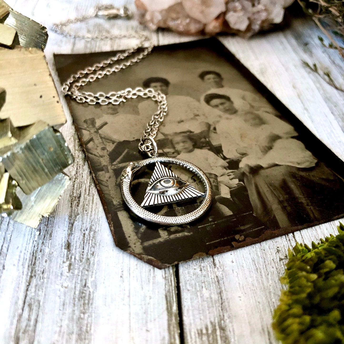 Tiny Talisman Collection - Sterling Silver All Seeing Eye and Ouroboros Necklace Pendant 21x21mm /.