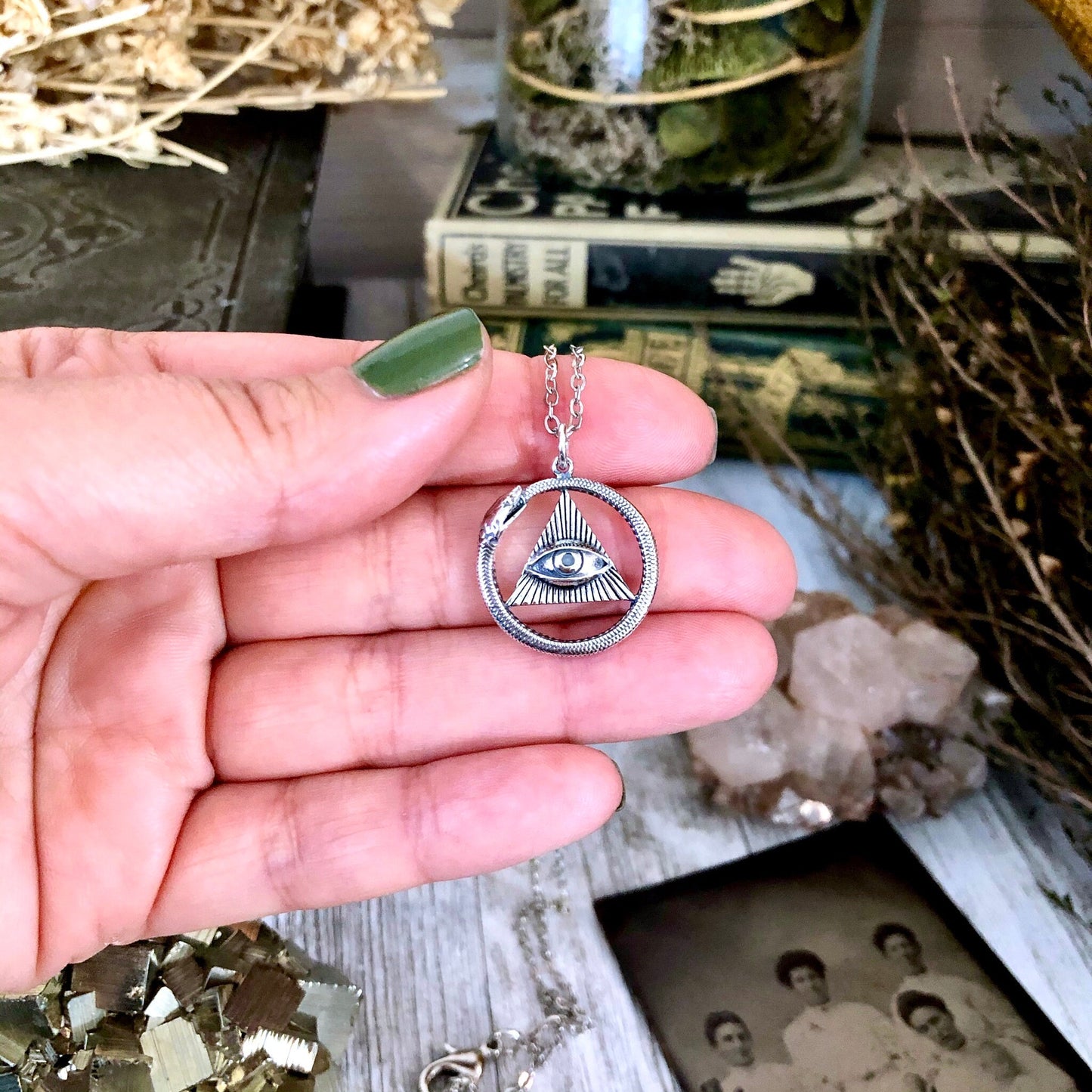 Tiny Talisman Collection - Sterling Silver All Seeing Eye and Ouroboros Necklace Pendant 21x21mm /.