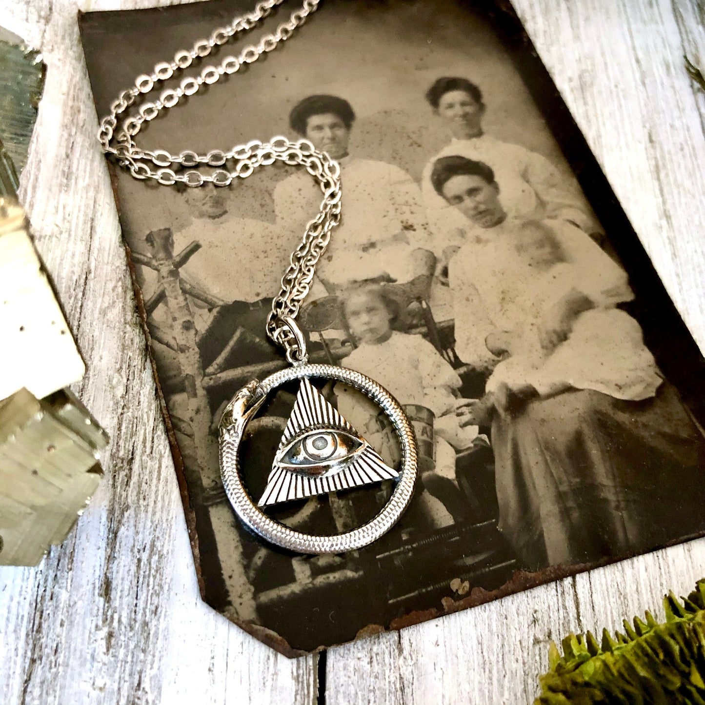 Tiny Talisman Collection - Sterling Silver All Seeing Eye and Ouroboros Necklace Pendant 21x21mm /.