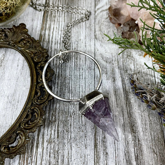 Silver Amethyst Crystal Pendulum Necklace in Fine Silver / Foxlark Collection.