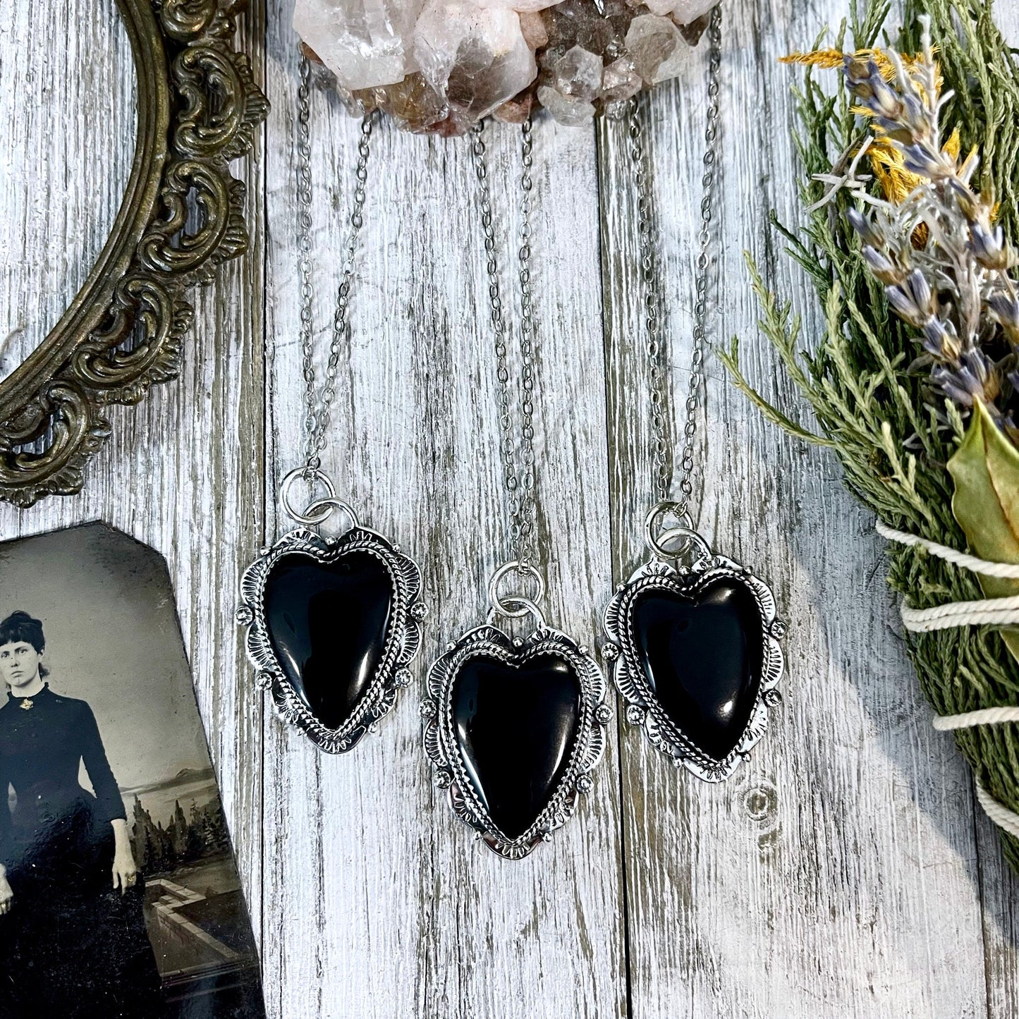 Black Onyx Crystal Heart Necklace in Sterling Silver -Designed by FOXLARK Collection / Witchy Necklace Goth Jewelry.