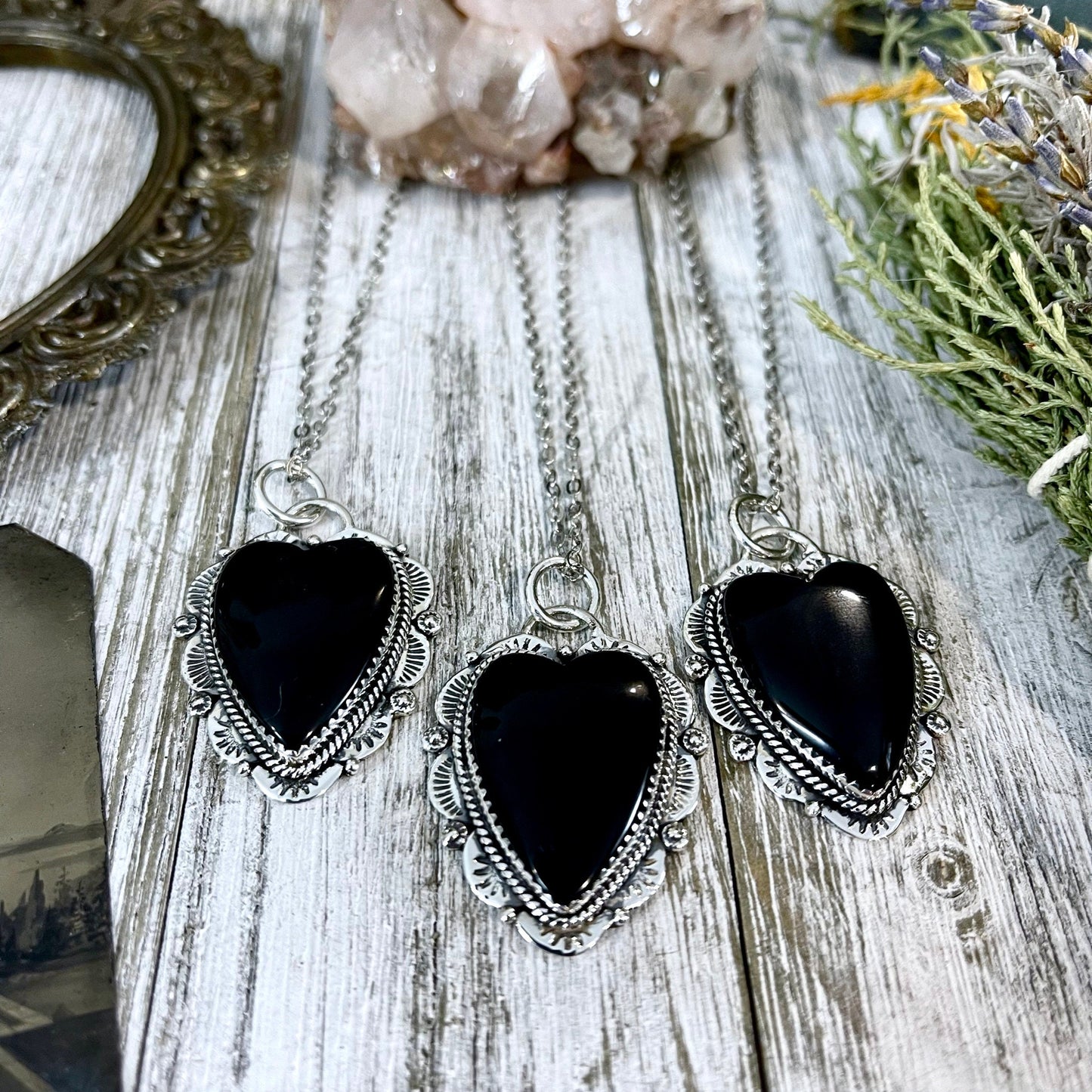 Black Onyx Crystal Heart Necklace in Sterling Silver -Designed by FOXLARK Collection / Witchy Necklace Goth Jewelry.