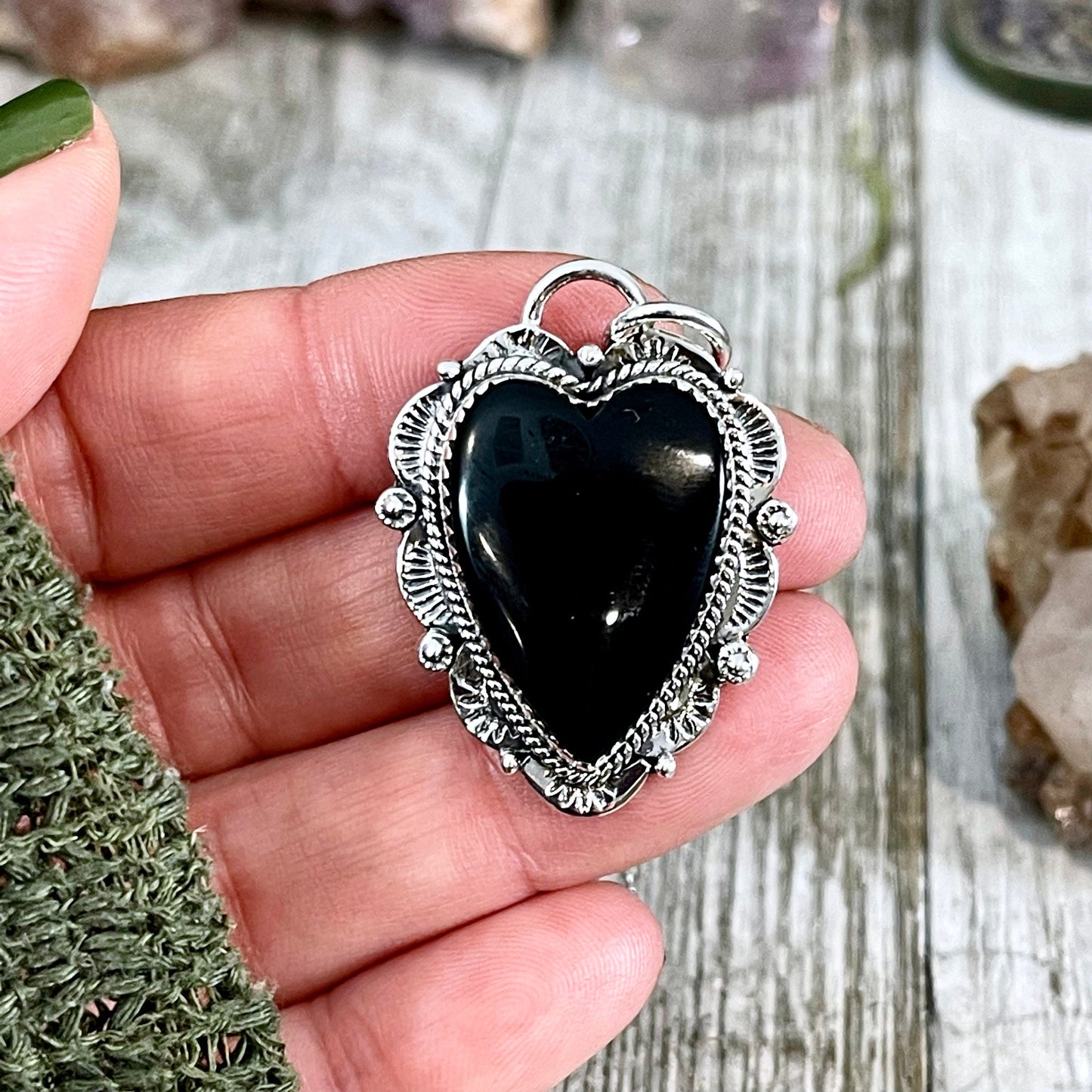 Black Onyx Crystal Heart Necklace in Sterling Silver -Designed by FOXLARK Collection / Witchy Necklace Goth Jewelry.