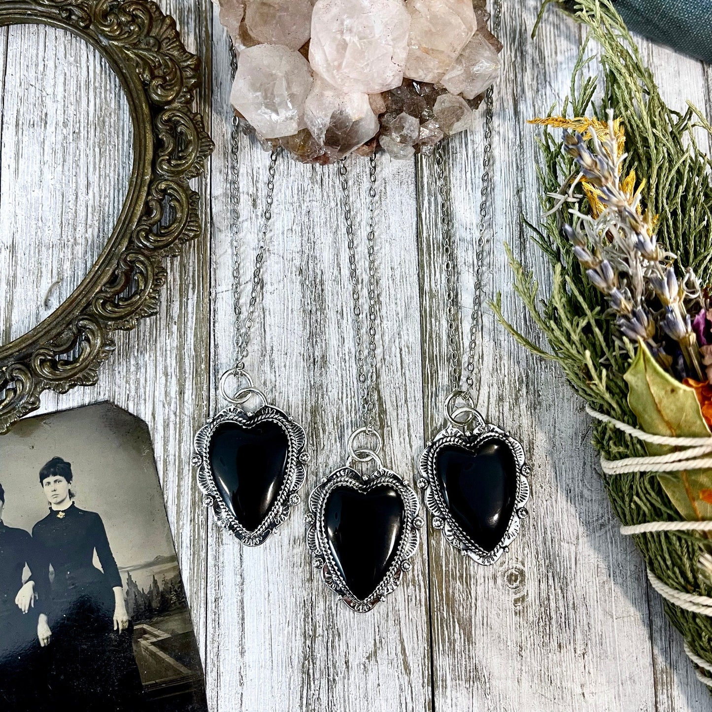 Black Onyx Crystal Heart Necklace in Sterling Silver -Designed by FOXLARK Collection / Witchy Necklace Goth Jewelry.