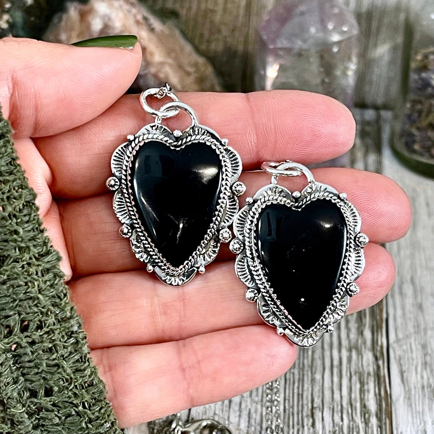 Black Onyx Crystal Heart Necklace in Sterling Silver -Designed by FOXLARK Collection / Witchy Necklace Goth Jewelry.