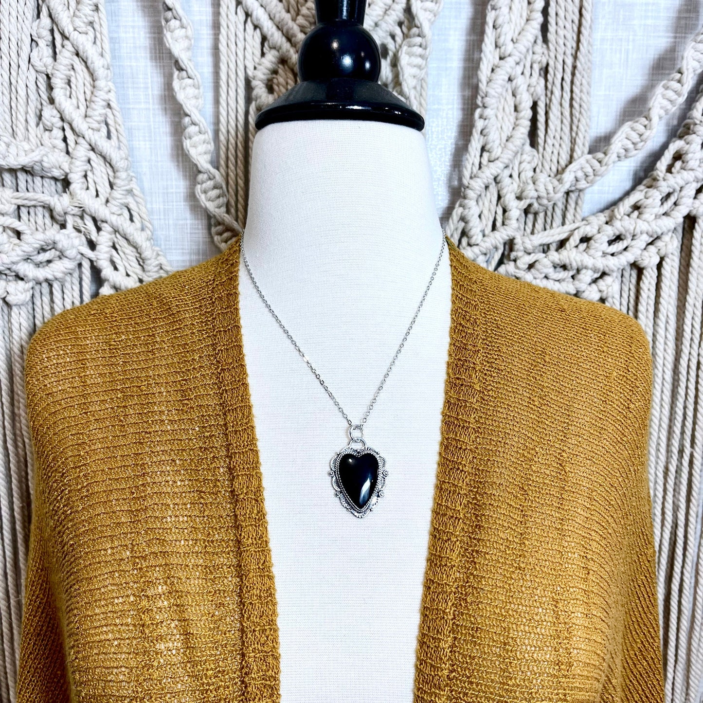 Black Onyx Crystal Heart Necklace in Sterling Silver -Designed by FOXLARK Collection / Witchy Necklace Goth Jewelry.