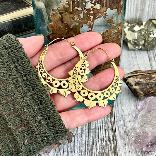Large Brass Dots Decorated Hoop Earrings.
