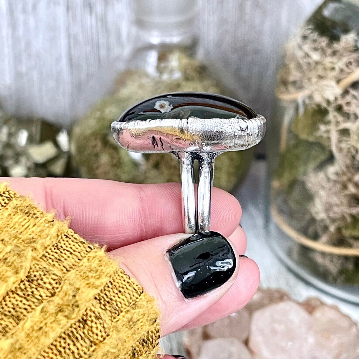Size 9 Natural Black Tumbled Stone Agate Ring in Fine Silver/ Foxlark Collection - One of a Kind.