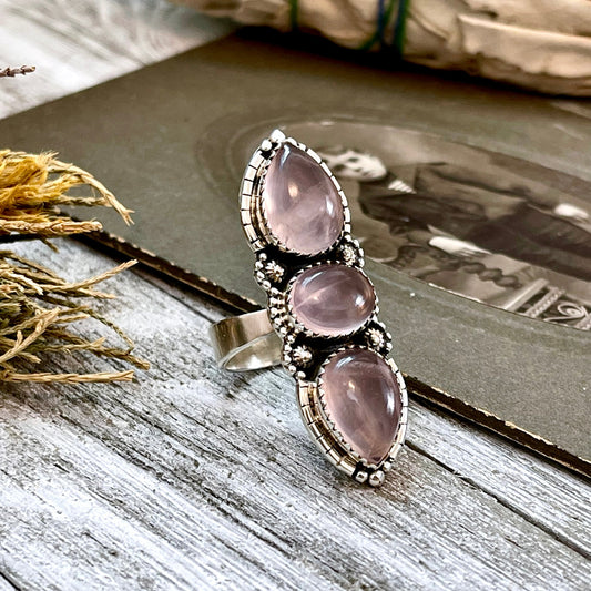 Three Stone Pink Rose Quartz Crystal Ring in Solid Sterling Silver- Designed by FOXLARK Collection Adjustable to Size 6 7 8 9.