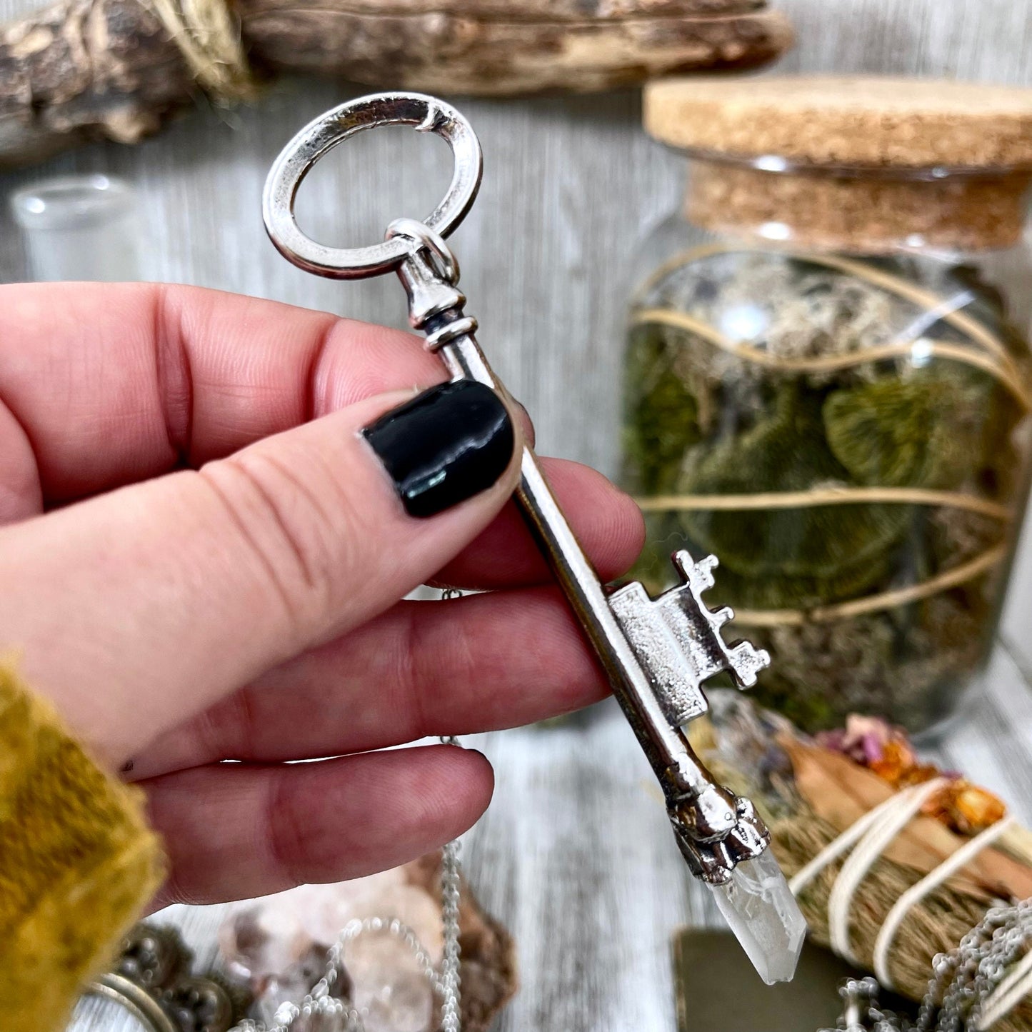 Raw Clear Quartz Crystal Vintage Skeleton Key Necklace Pendant in Fine Silver / Foxlark Collection - One of a Kind.