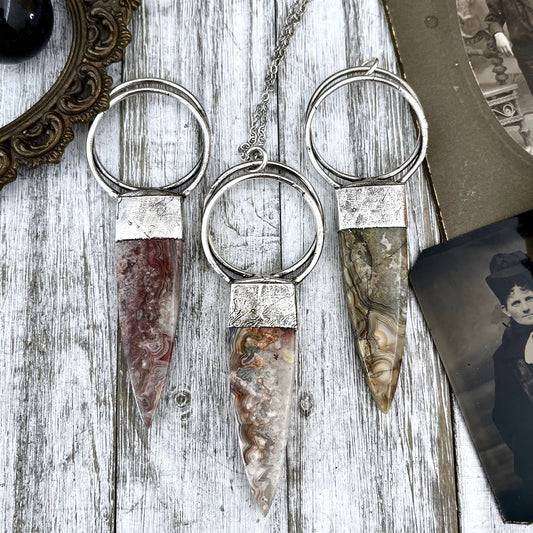 Crazy Lace Agate Necklace in Silver / Large Stone Necklace.