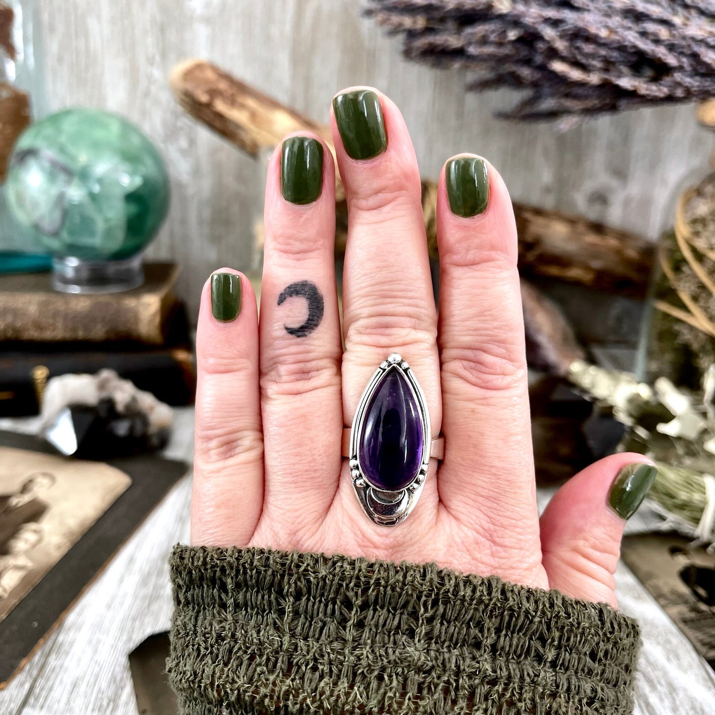 Midnight Moon Amethyst Teardrop Crystal Ring in Solid Sterling Silver- Designed by FOXLARK Collection Adjustable to Size 6 7 8 9 / Purple