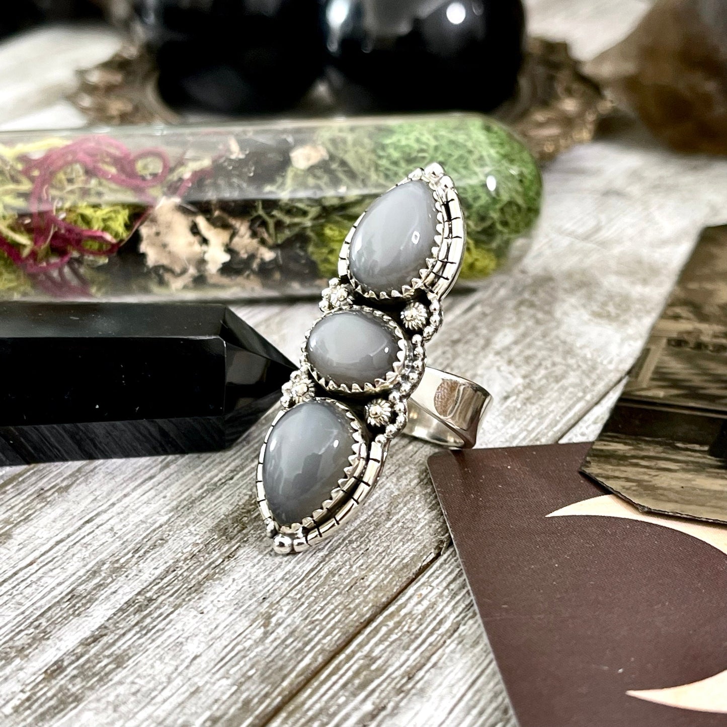 Three Stone Grey Moonstone Ring in Solid Sterling Silver- Designed by FOXLARK Collection Adjustable to Size 6 7 8 9 / Gothic Jewelry.