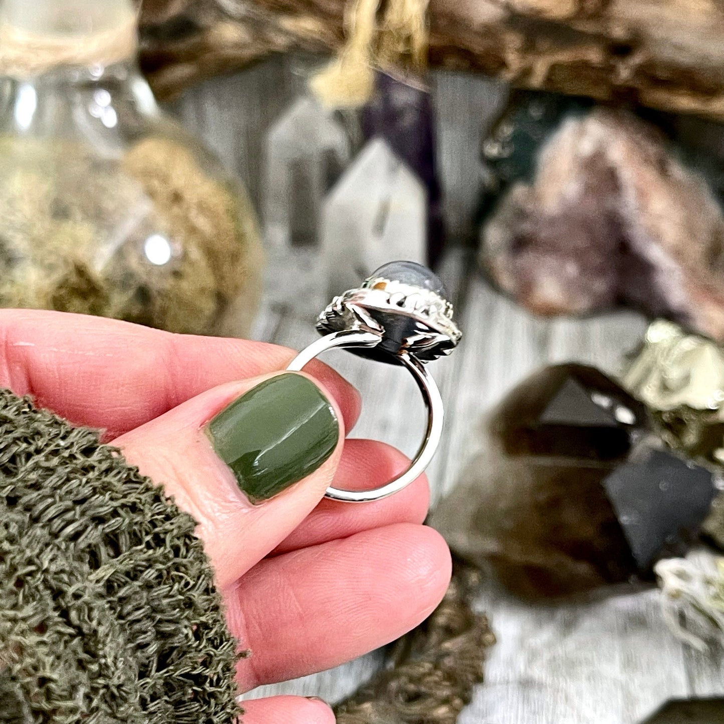 Three Stone Grey Moonstone Ring in Solid Sterling Silver- Designed by FOXLARK Collection Adjustable to Size 6 7 8 9 / Gothic Jewelry.