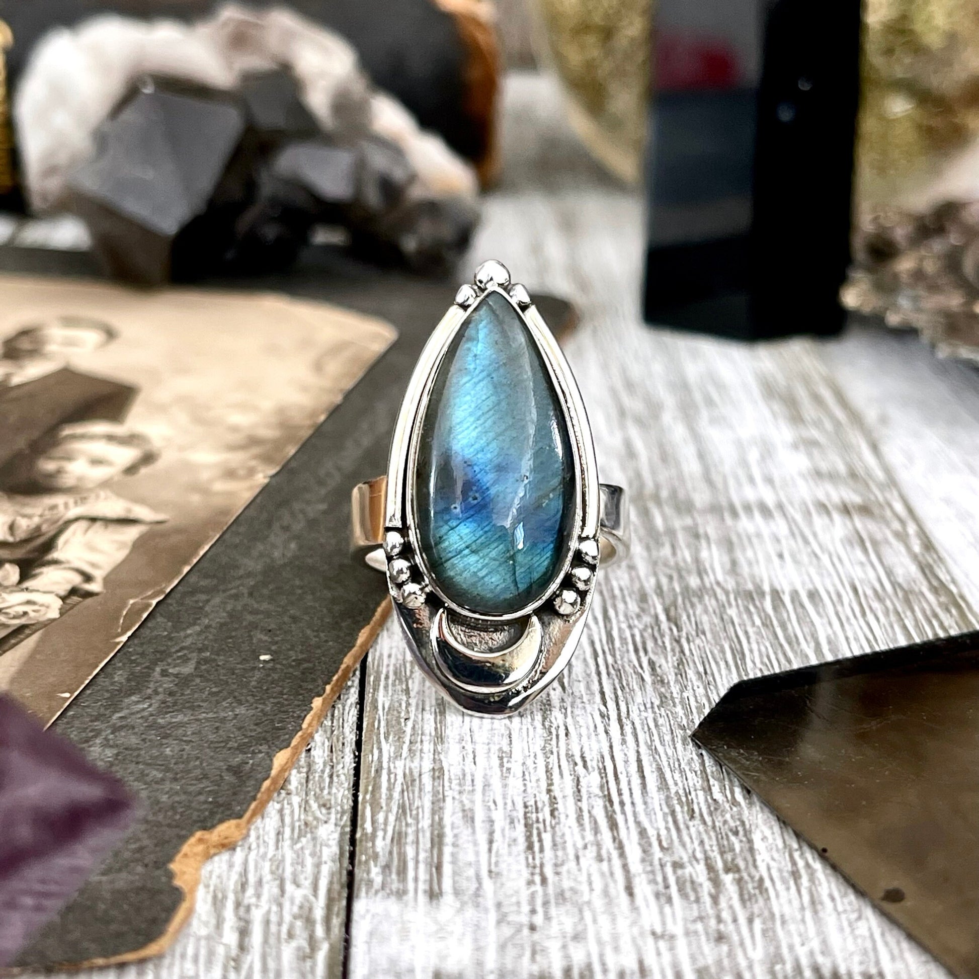 Midnight Moon Labradorite Teardrop Crystal Ring in Sterling Silver- Designed by FOXLARK Collection Adjustable to Size 6 7 8 9