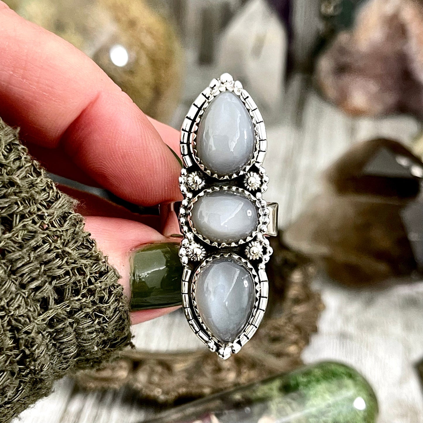 3 Stone Ring, Big Stone Ring, Bohemian Ring, Boho Jewelry, Boho Ring, Crystal Ring, Etsy Id 1064530524, Foxlark Alchemy, Foxlark- Rings, Gift For Woman, Grey Moonstone, Gypsy Ring, Jewelry, Rings, Statement Rings, Wholesale