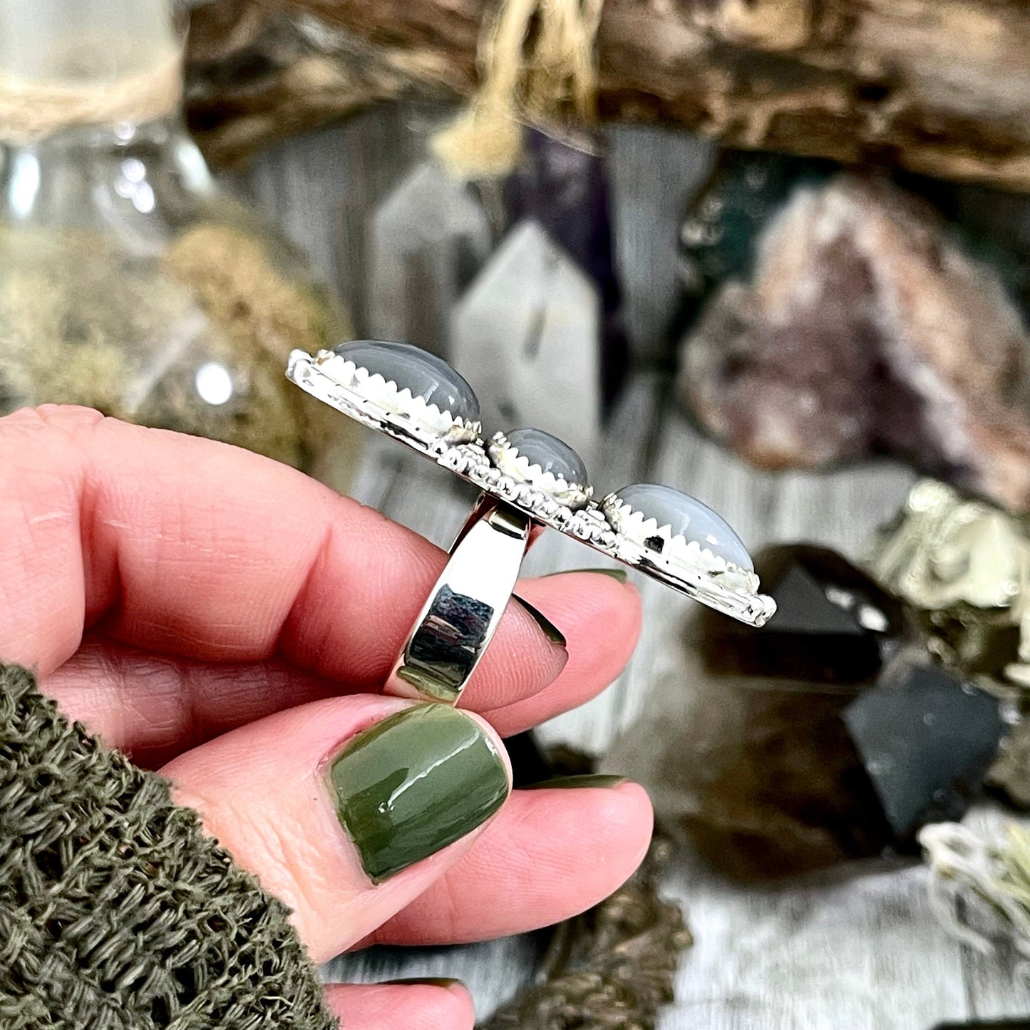 Three Stone Grey Moonstone Ring in Solid Sterling Silver- Designed by FOXLARK Collection Adjustable to Size 6 7 8 9 / Gothic Jewelry.