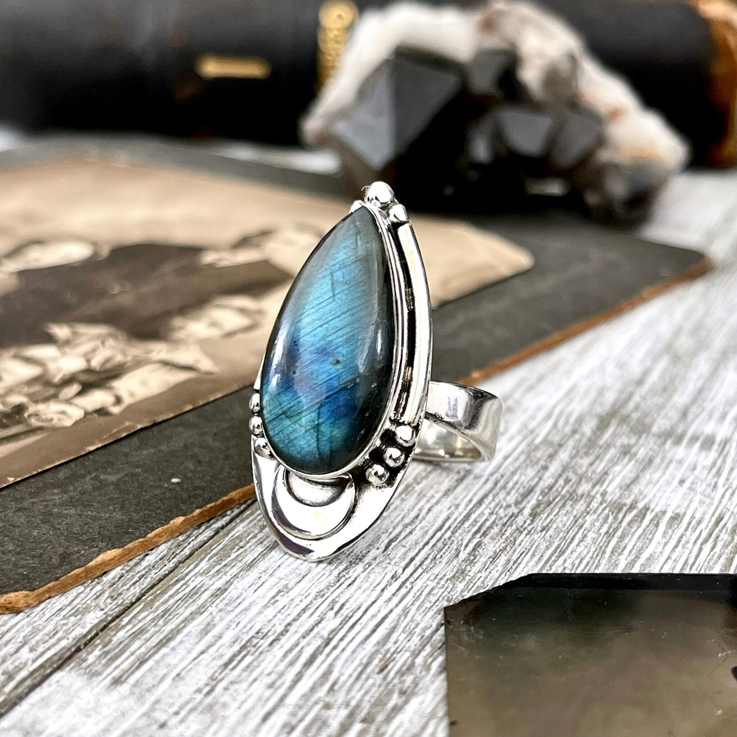 Midnight Moon Labradorite Teardrop Crystal Ring in Sterling Silver- Designed by FOXLARK Collection Adjustable to Size 6 7 8 9