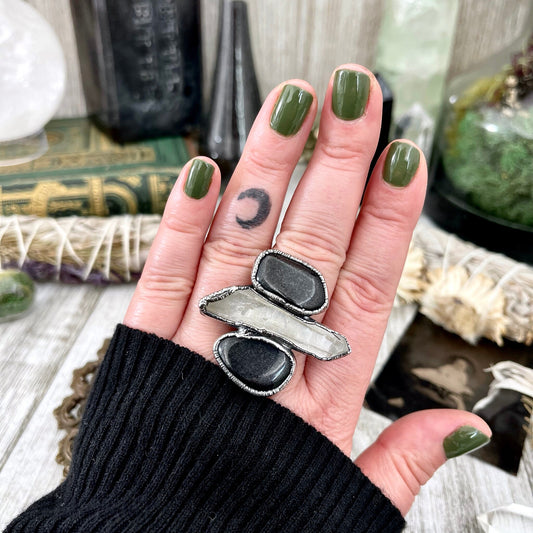 Size 9 Crystal Ring - Three Stone Ring Black Onyx Clear Raw Quartz Ring in Silver / Foxlark Collection - One of a Kind / Big Crystal Jewelry