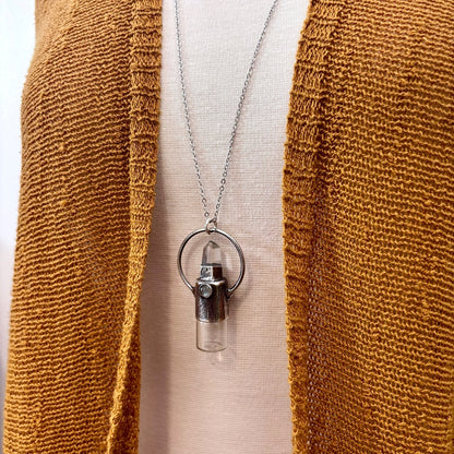 Clear Quartz and Labradorite Crystal Necklace / Silver Rollerball Necklace