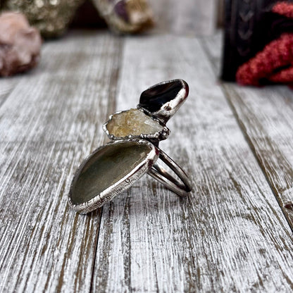 Multi Stone Black Obsidian Citrine Pyrite Ring In Silver Size 8/ Foxlark Collection